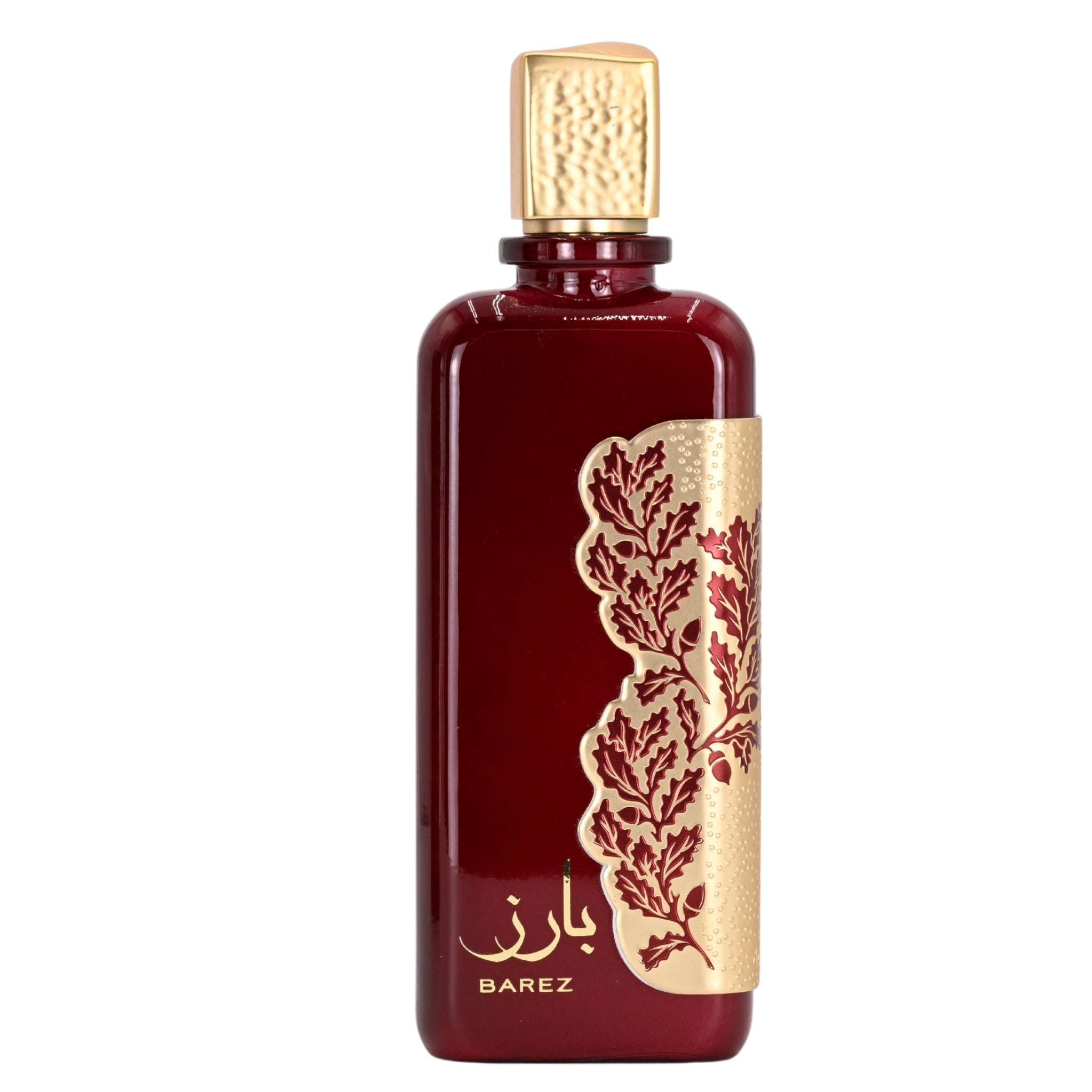 Red perfume bottle with gold accents and 'Barez' branding on a white background