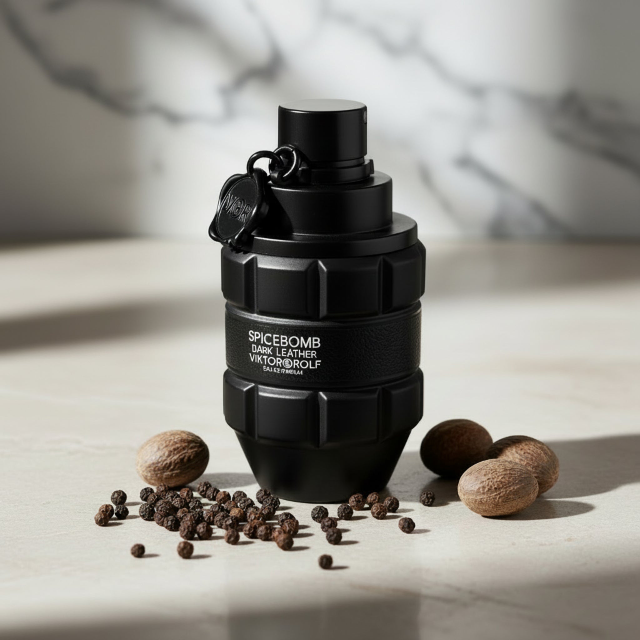 Black grenade-shaped perfume bottle with 'Spicebomb' text on a white background