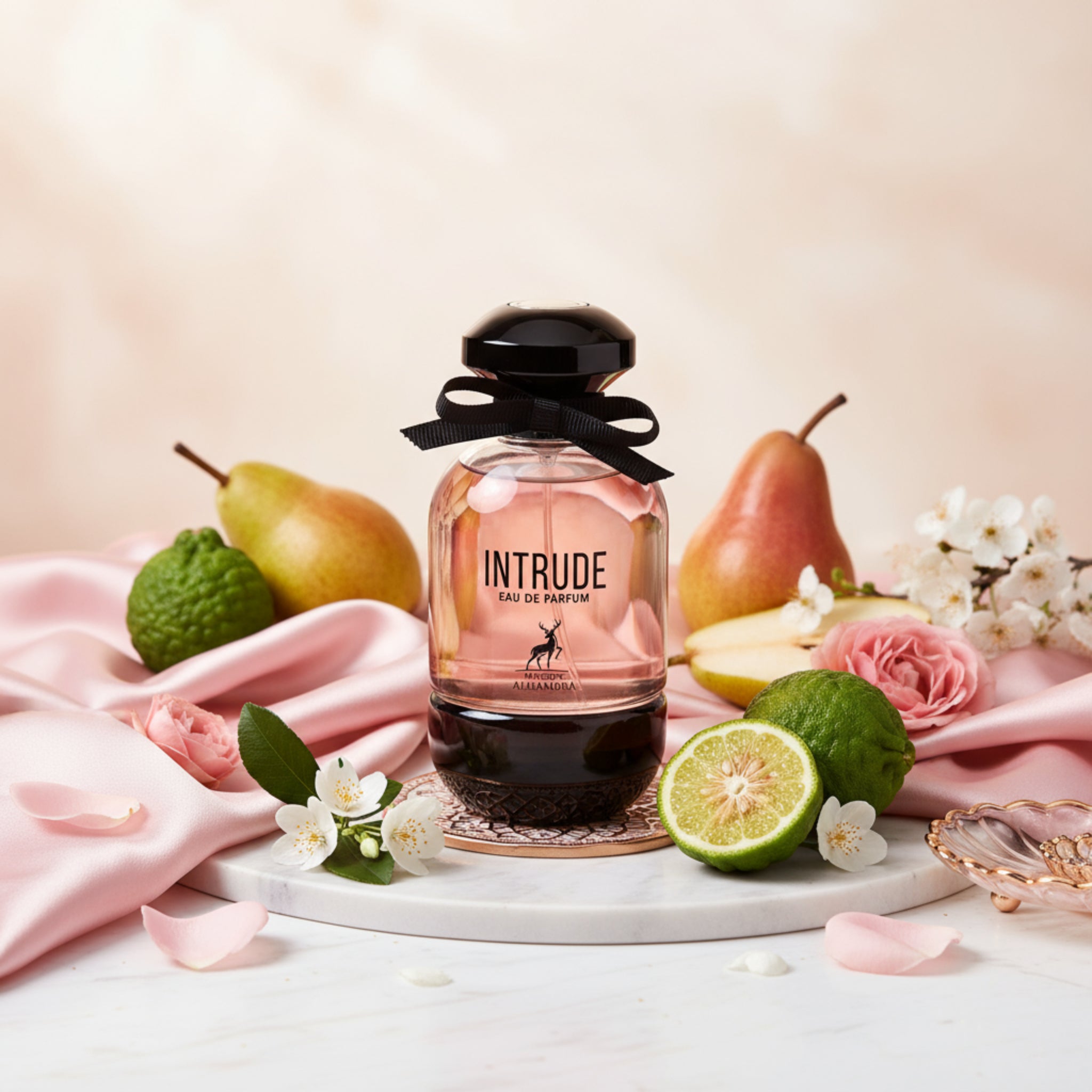 Perfume bottle labeled 'Intrude' with a black bow on a white background