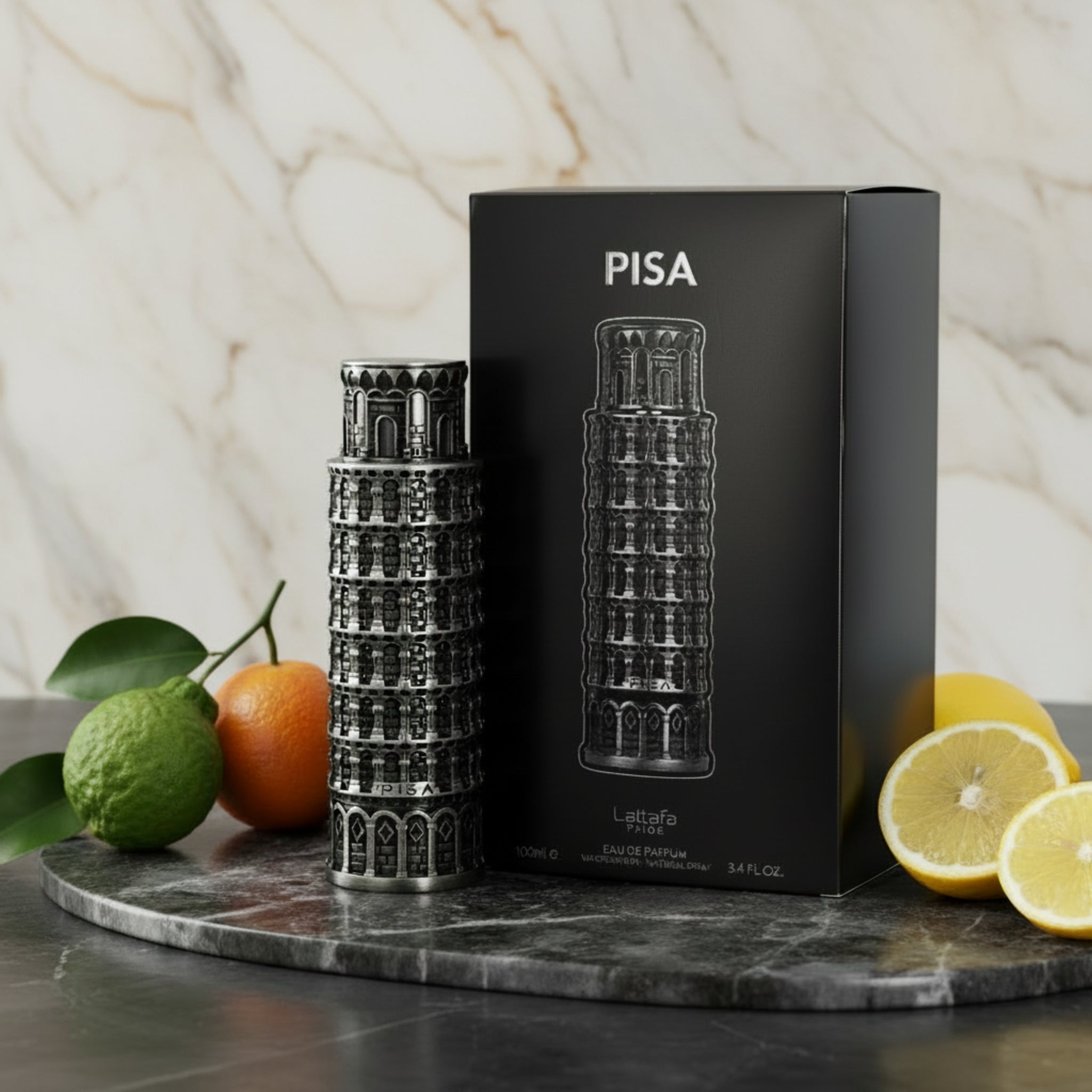 Perfume bottle and packaging with Leaning Tower of Pisa design on a white background