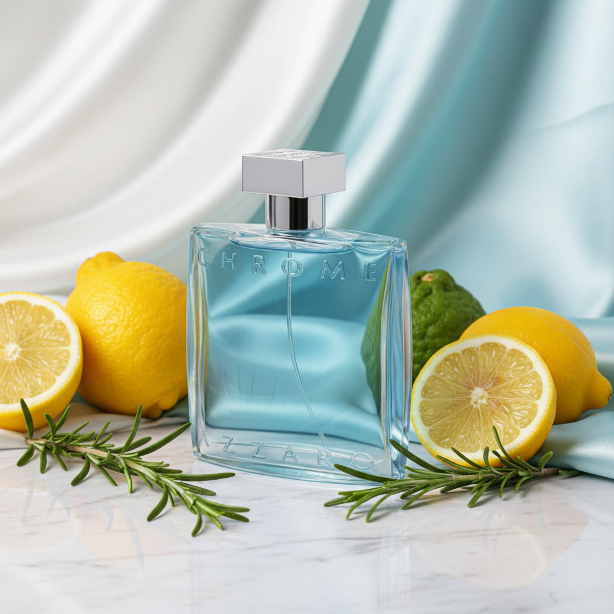 Clear glass perfume bottle with silver cap on a white background