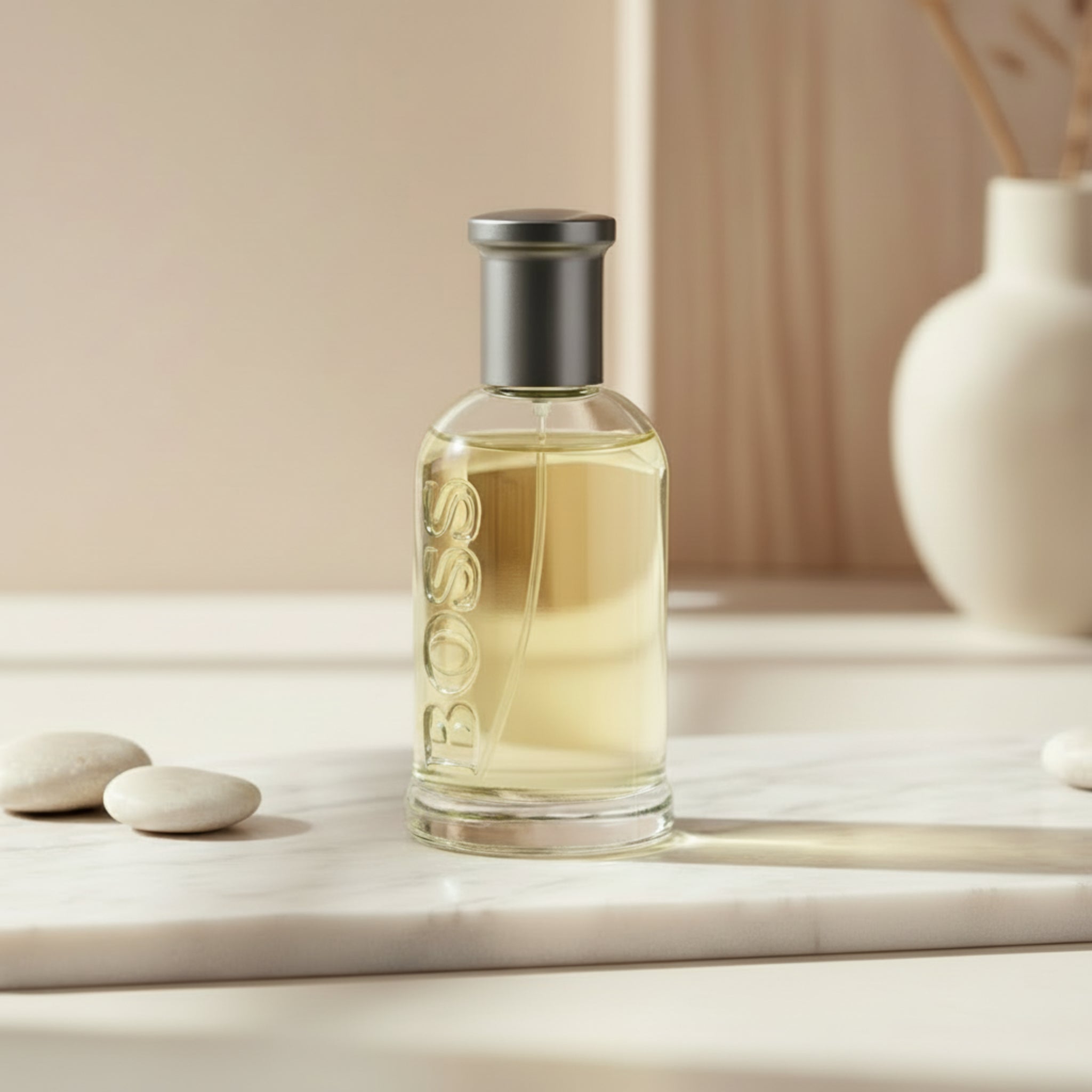 Perfume bottle with a silver cap on a white background