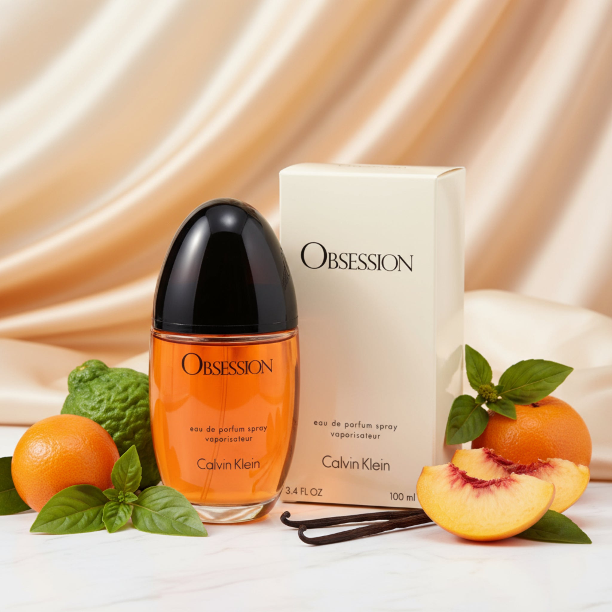 Calvin Klein Obsession eau de parfum spray bottle and packaging on a white background