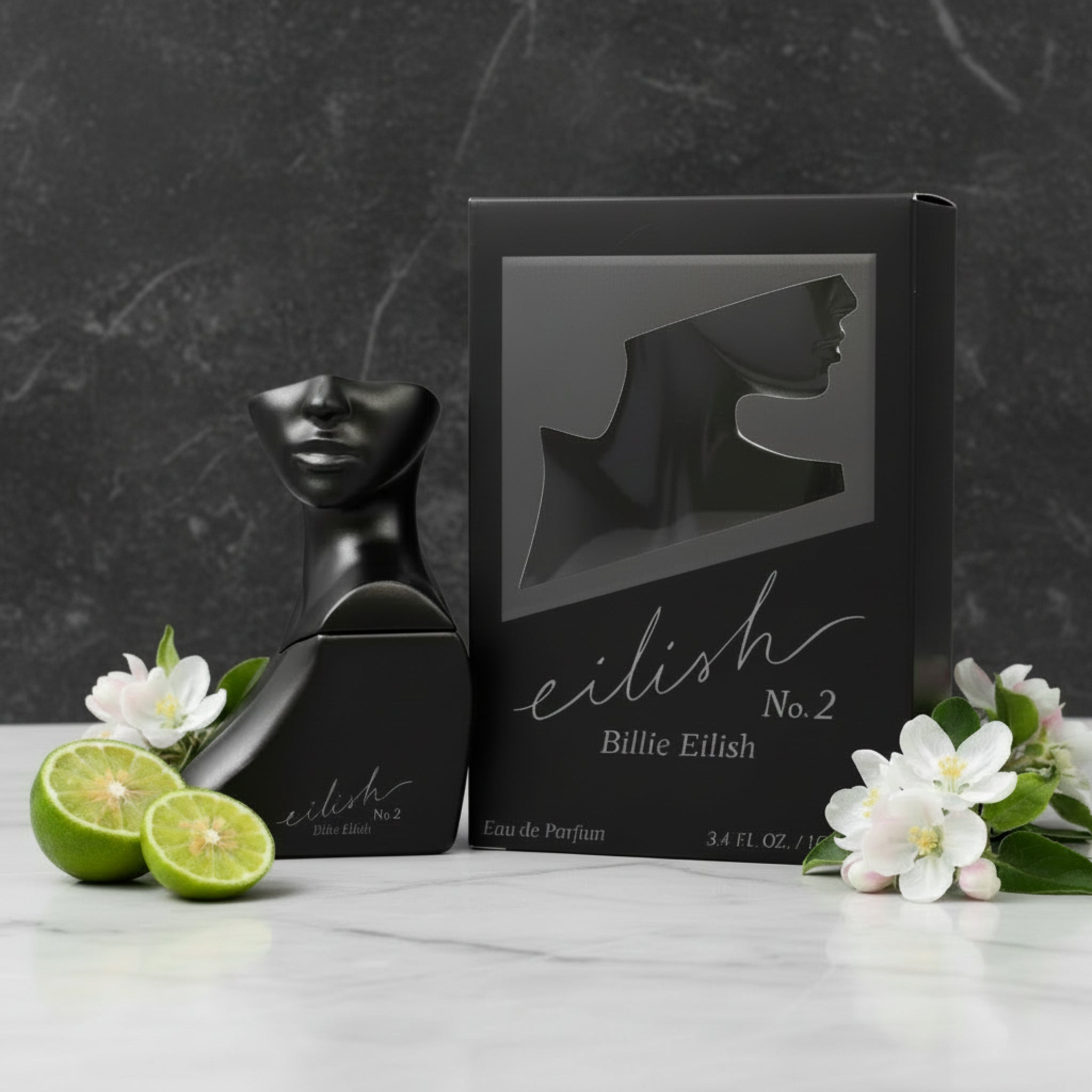 Black perfume bottle and packaging of Billie Eilish No. 2 on a white background