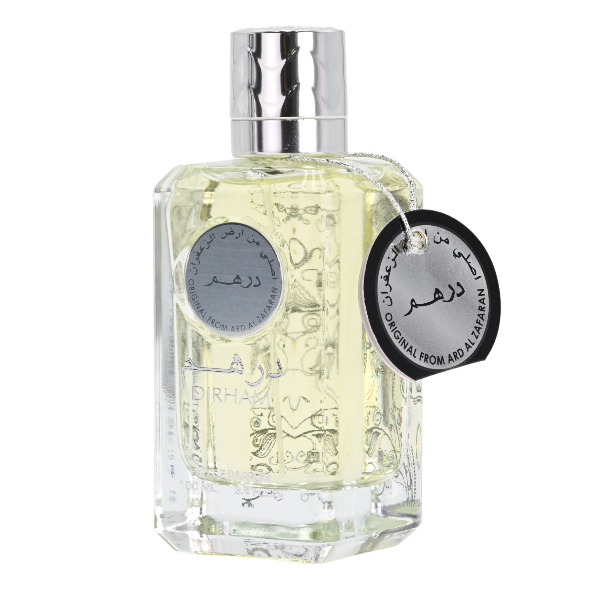 Perfume bottle with decorative label on a white background