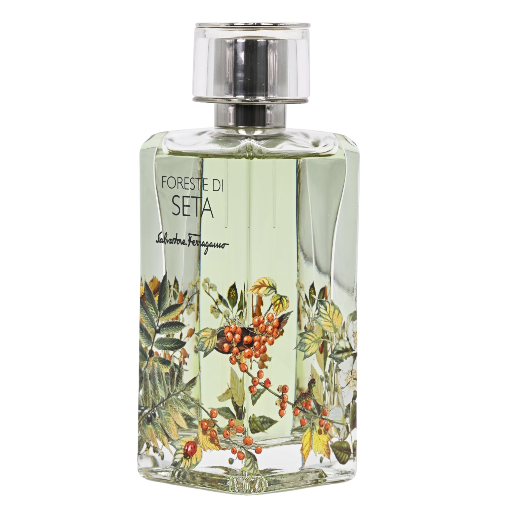 Perfume bottle with botanical design on a white background