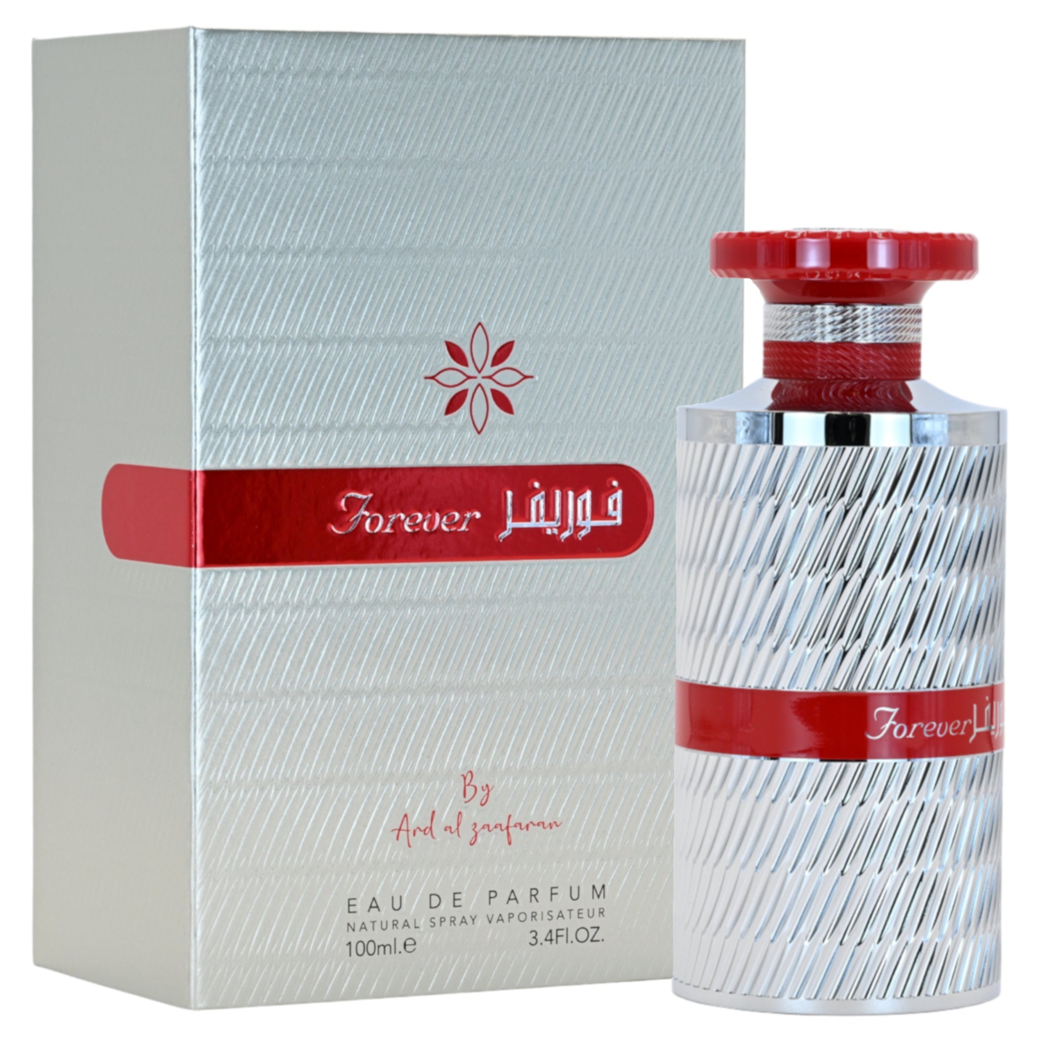 Perfume bottle and packaging of 'Forever Red' by Ard Al Zafaran on a white background