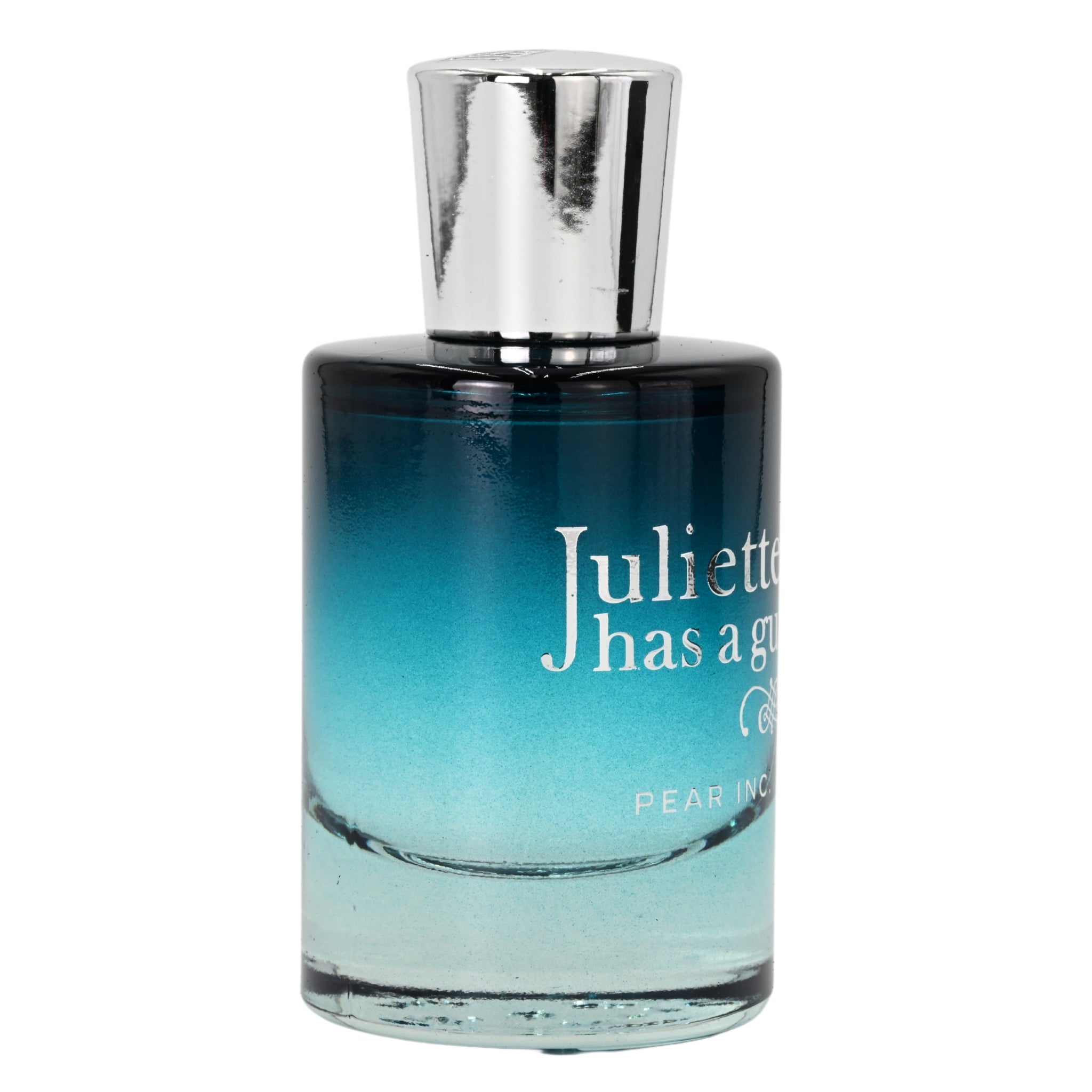 Perfume bottle with gradient blue design and silver cap on a white background