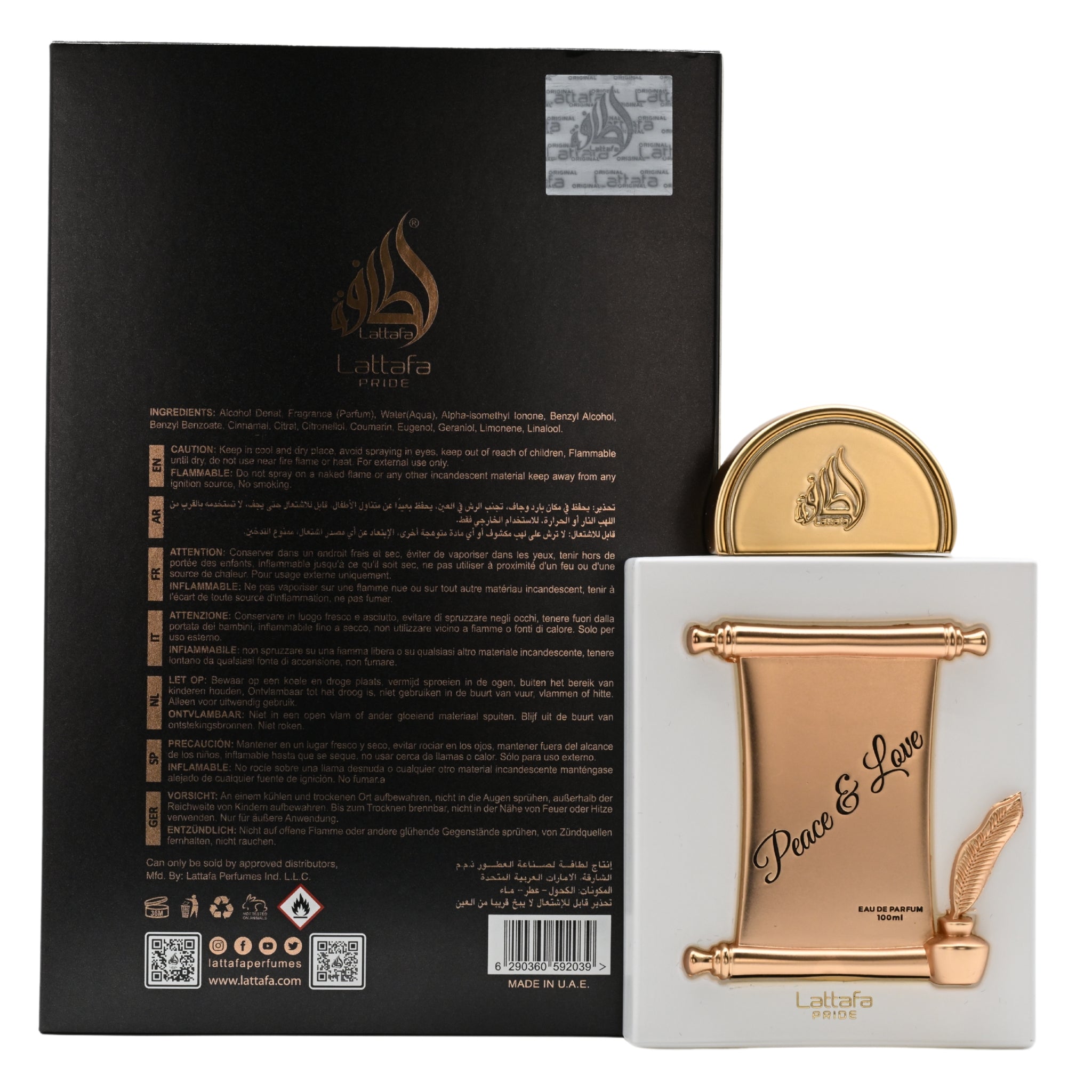 Lattafa perfume bottle and packaging on a white background