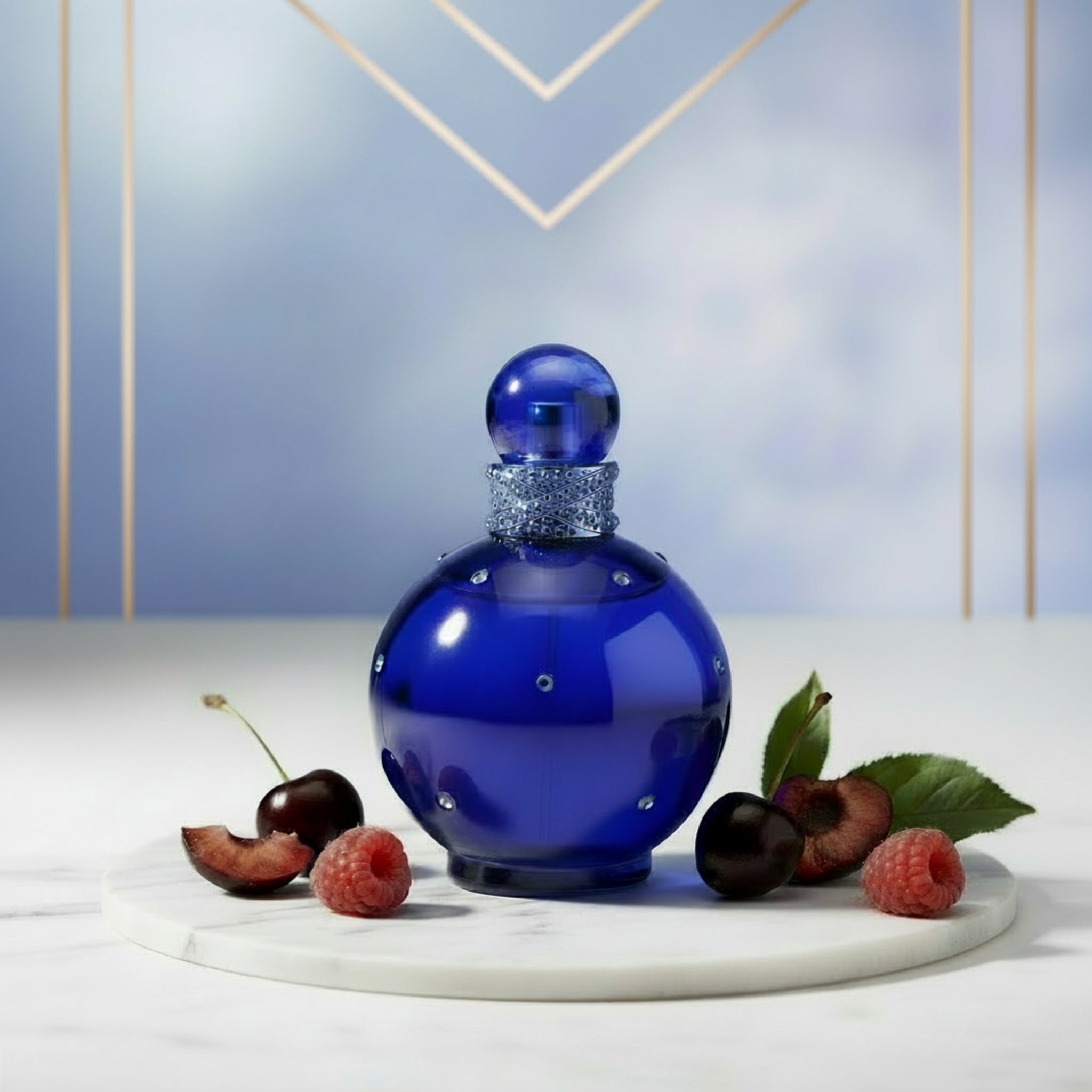 Blue perfume bottle with decorative cap on a white background