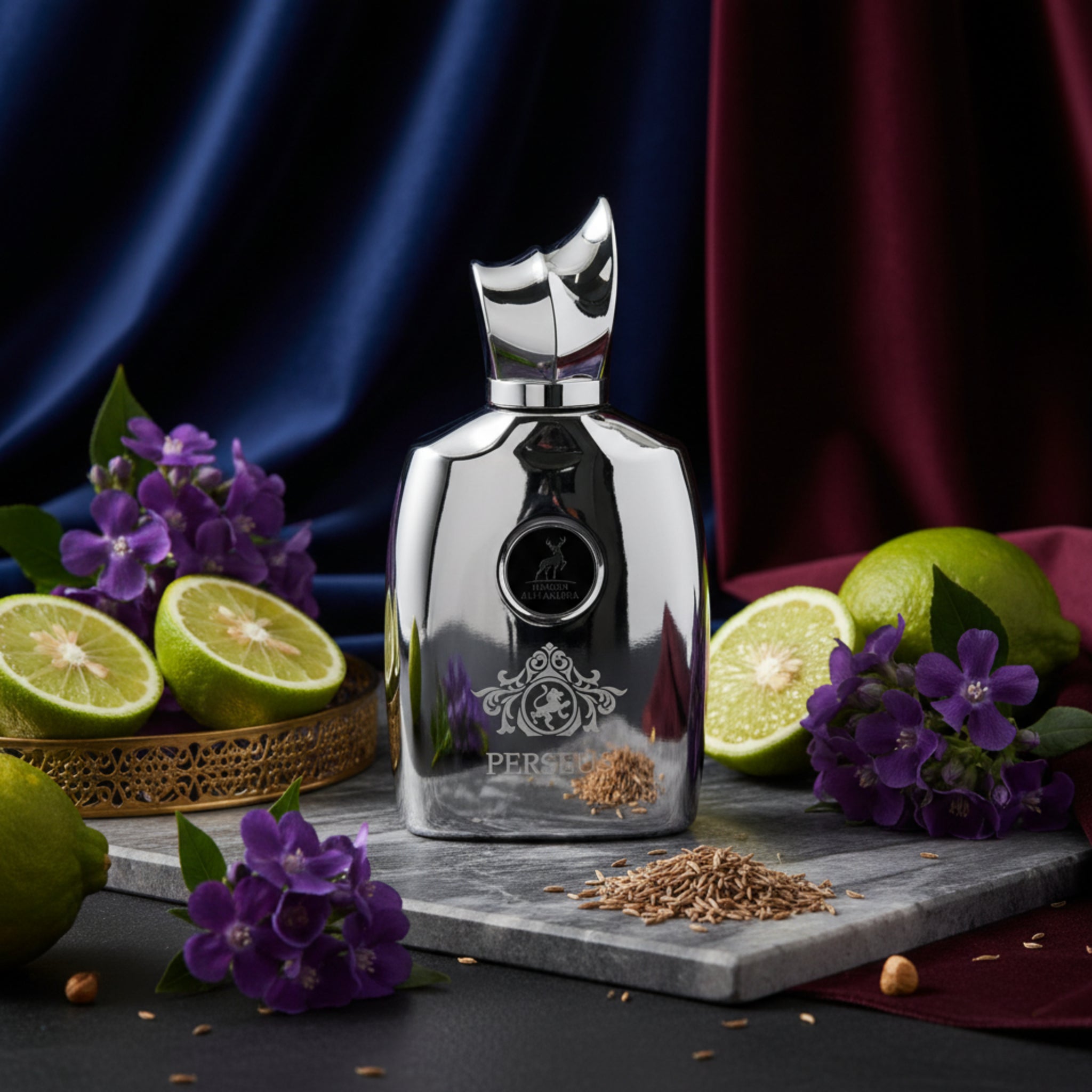 Silver and white perfume bottle with a brand logo on a white background