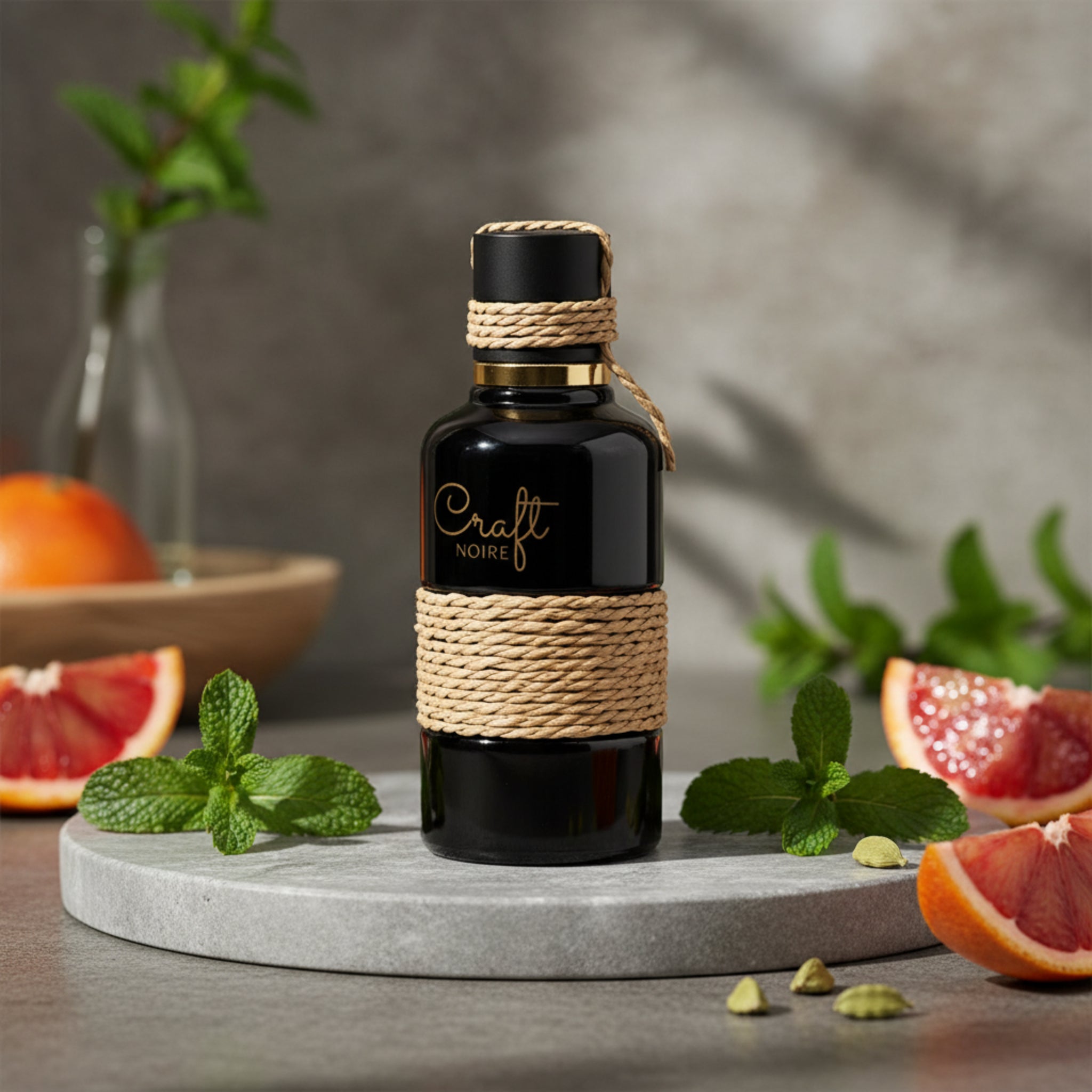 Black bottle with jute wrap and 'Craft Noire' branding on a white background