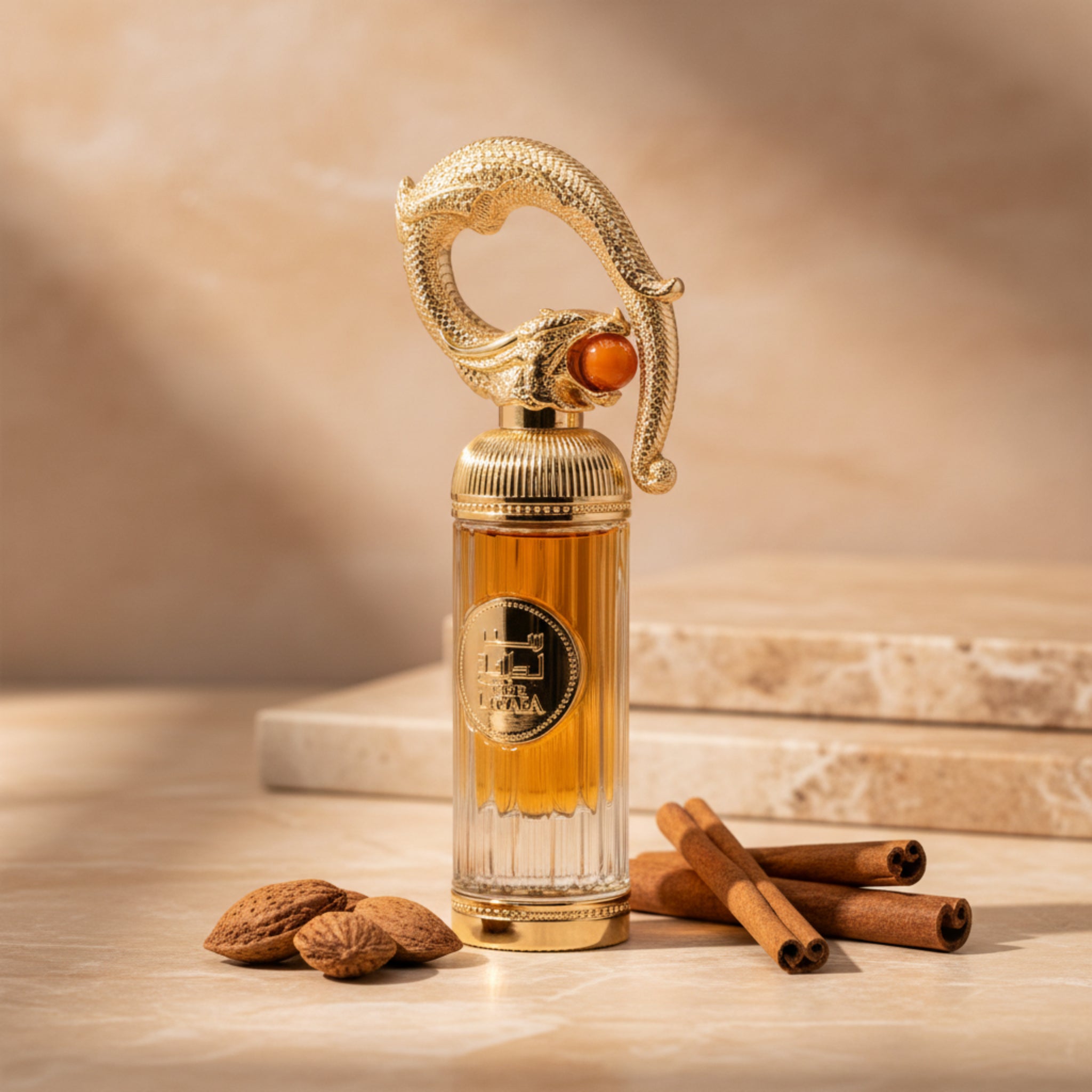 Perfume bottle with decorative cap on a white background