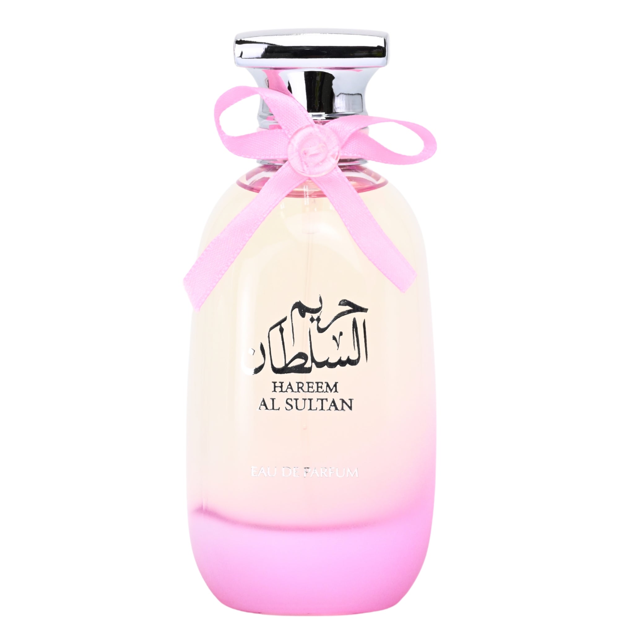 Perfume bottle with pink gradient and 'Hareem Al Sultan' branding on a white background