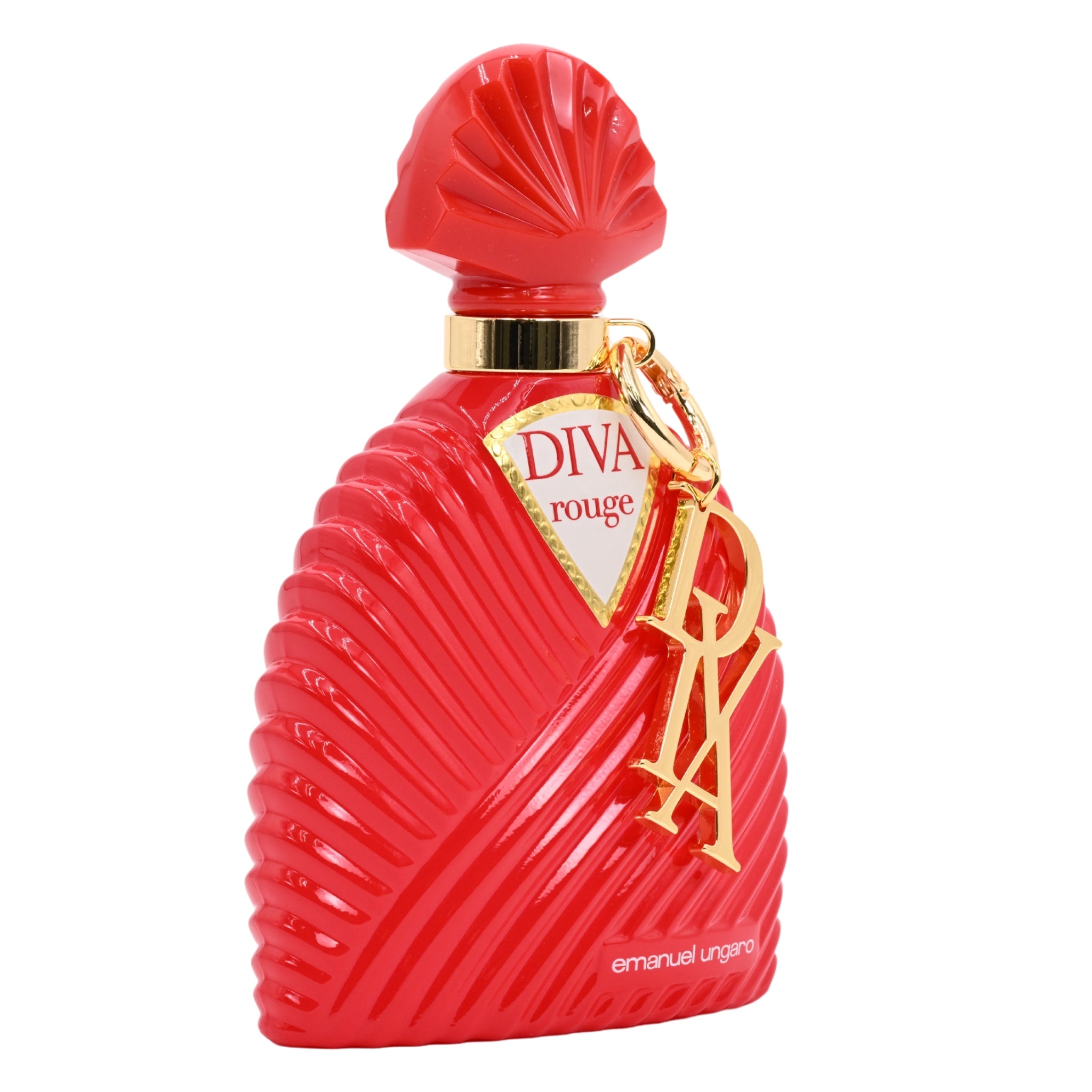 Red perfume bottle with gold accents on a white background