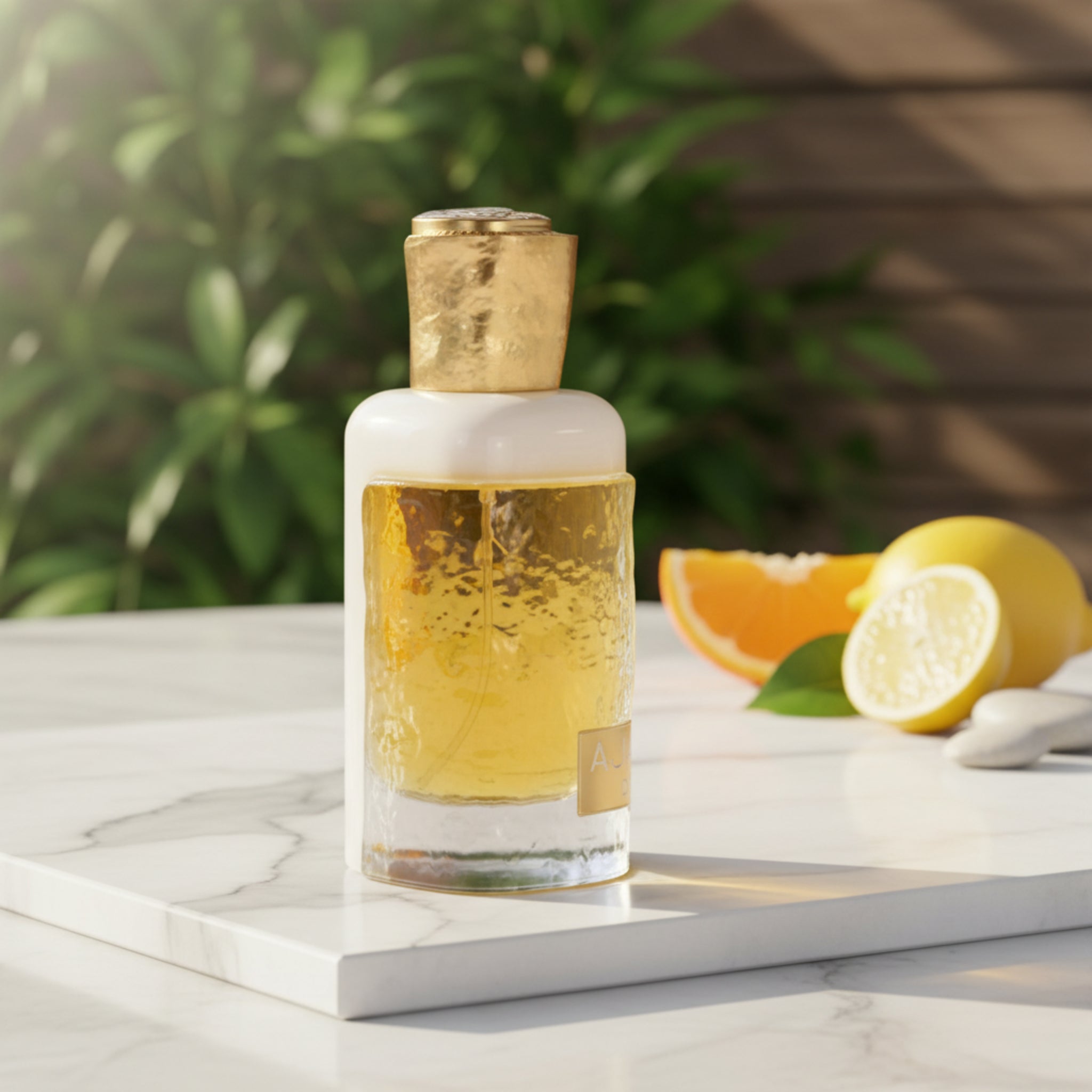 White bottle with gold cap on a white background
