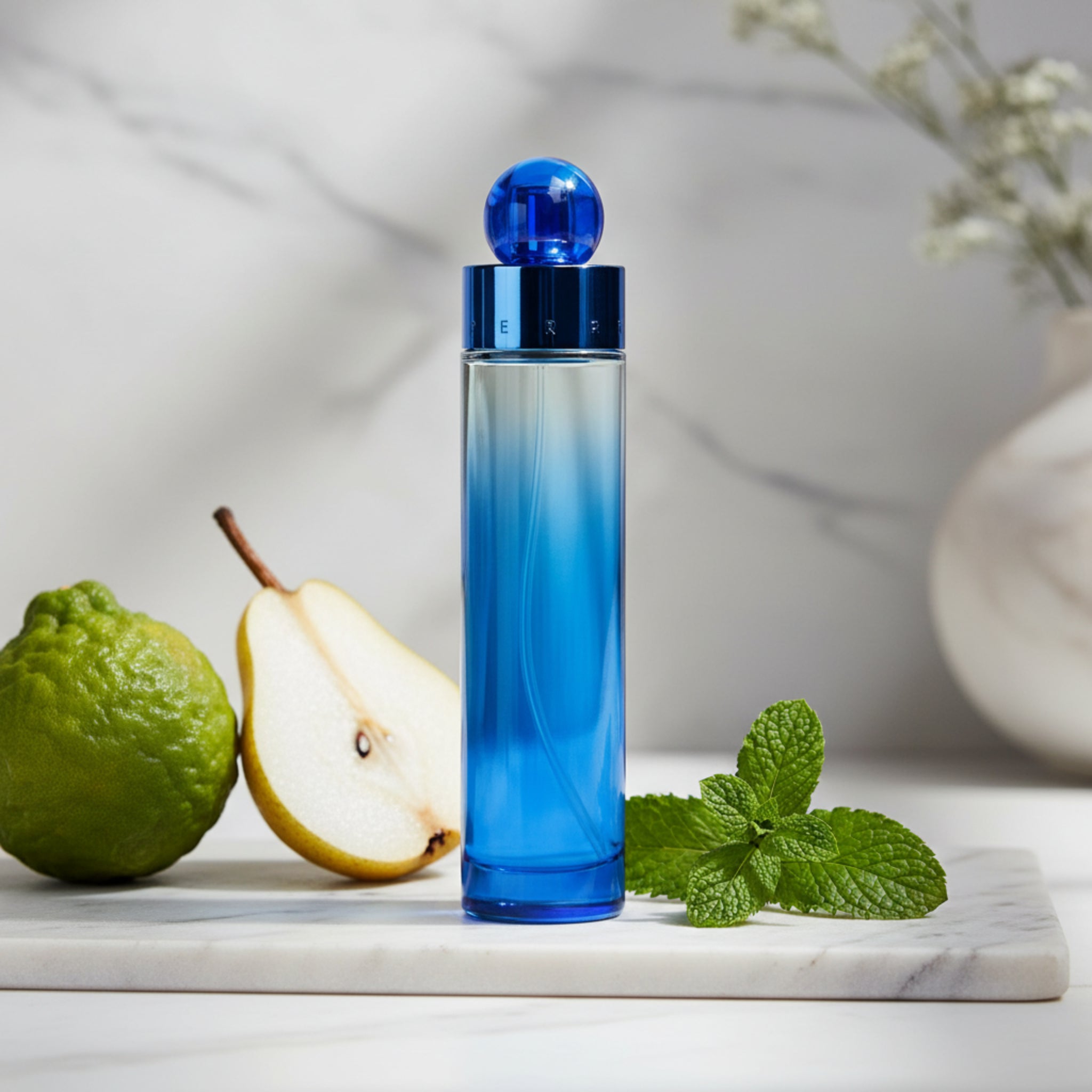 Blue cylindrical container with a blue cap on a white background