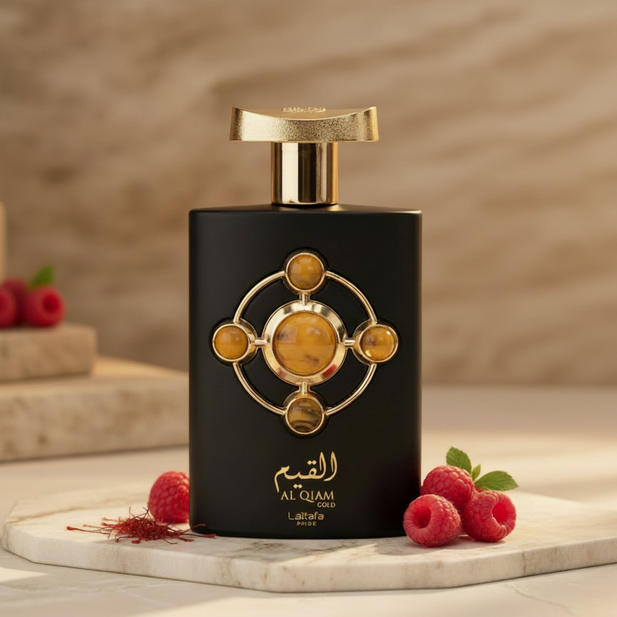 Black perfume bottle with gold cap and decorative elements on a white background