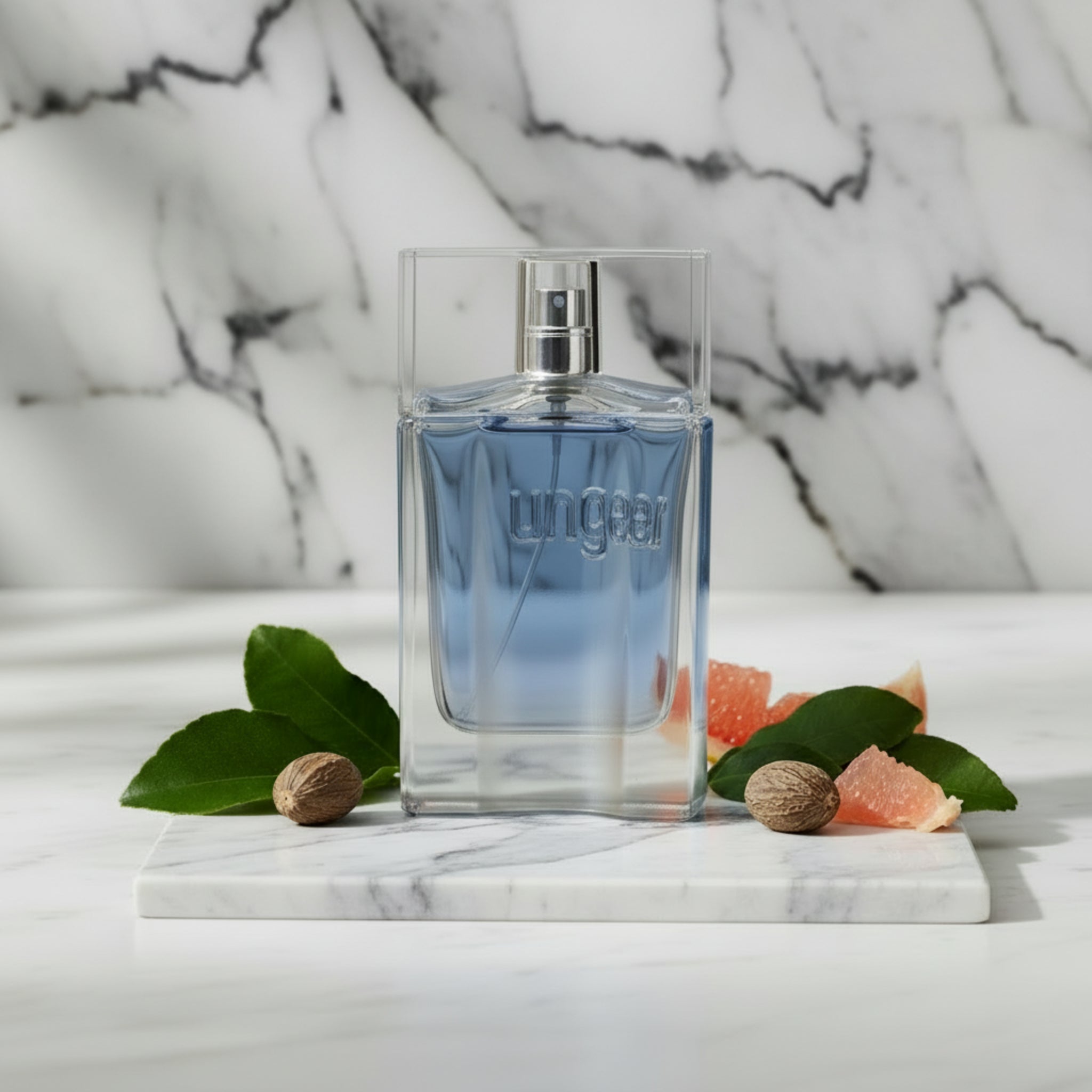 Perfume bottle with gradient blue and clear design on a white background