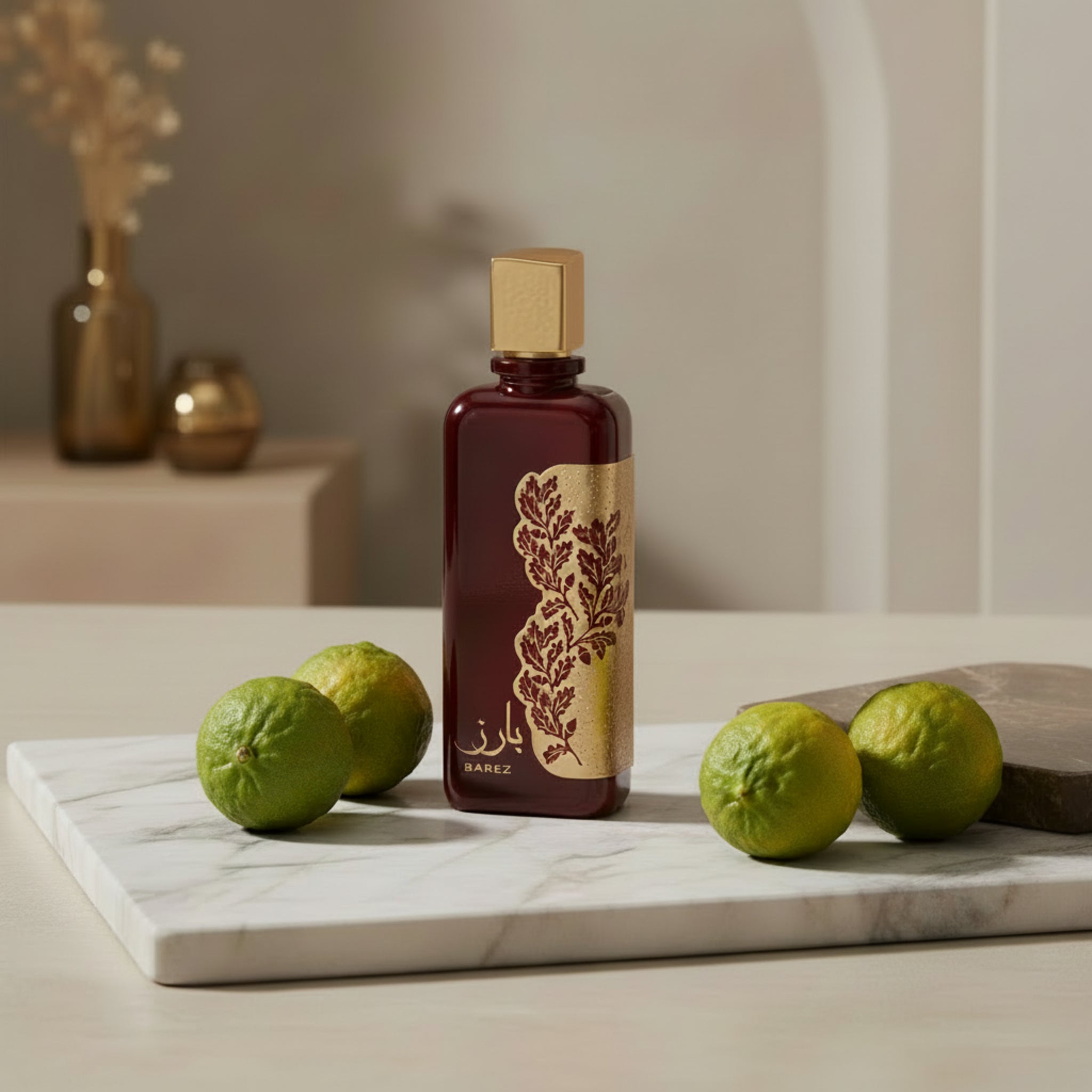 Red and gold perfume bottle with intricate design on a white background