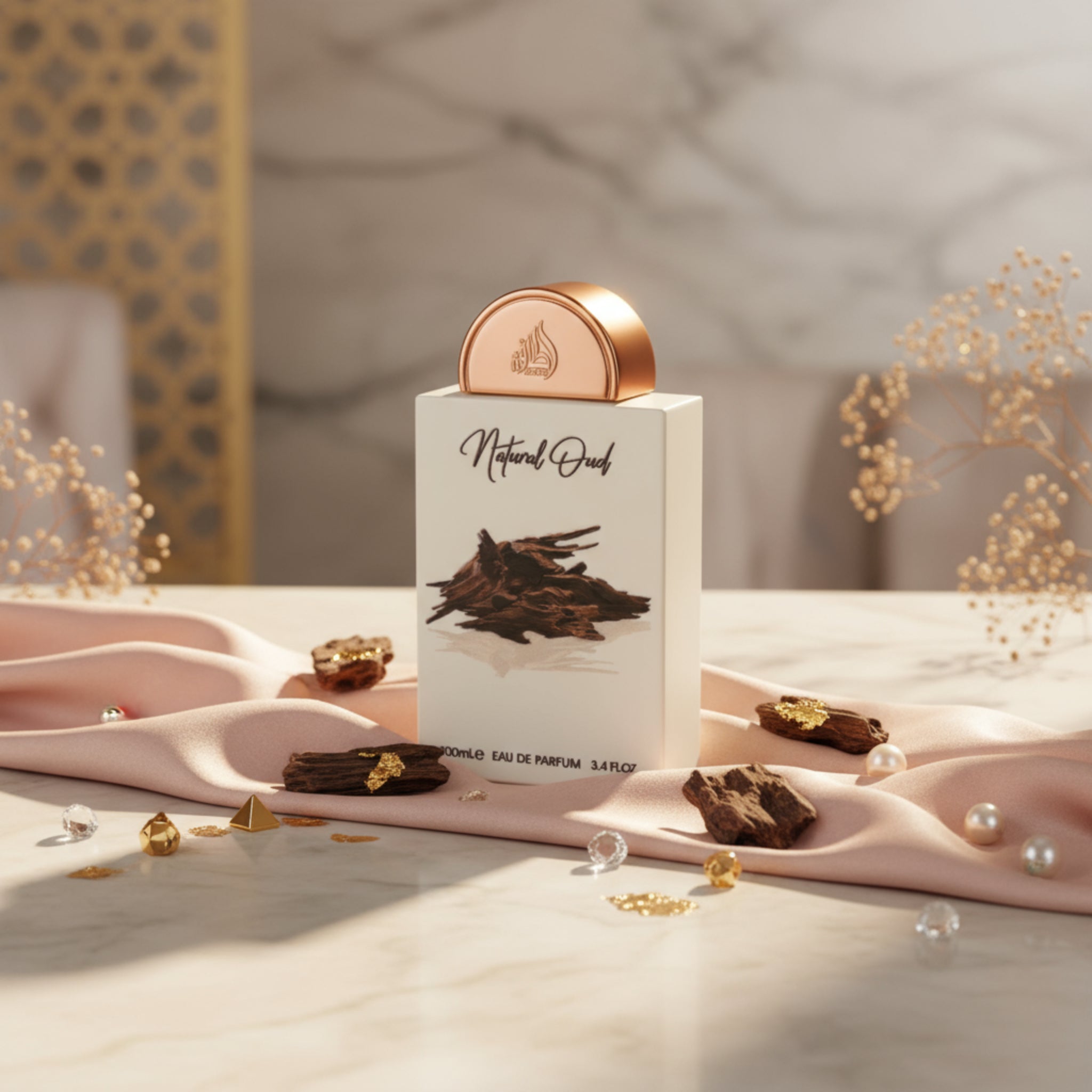 Perfume bottle with a white label featuring a brown illustration and text on a white background