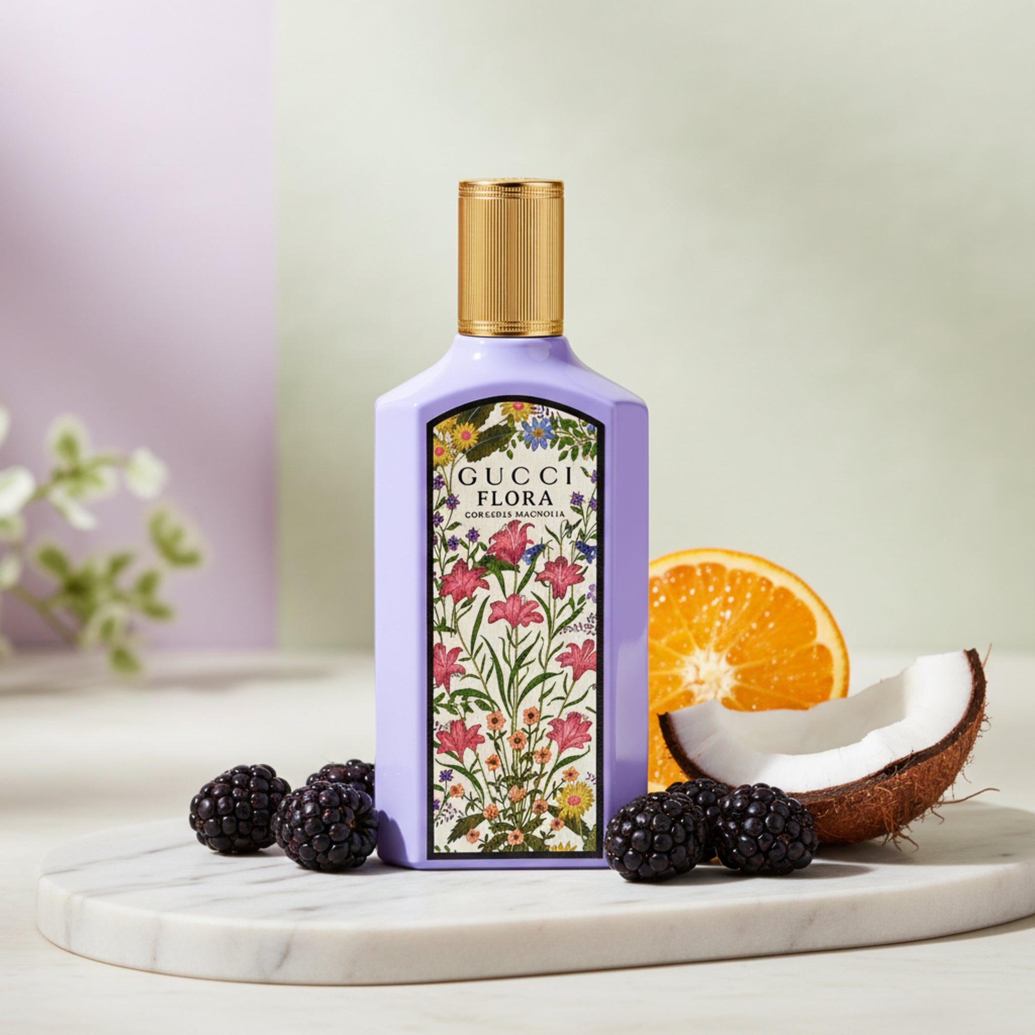 Gucci Flora perfume bottle with floral design on a white background