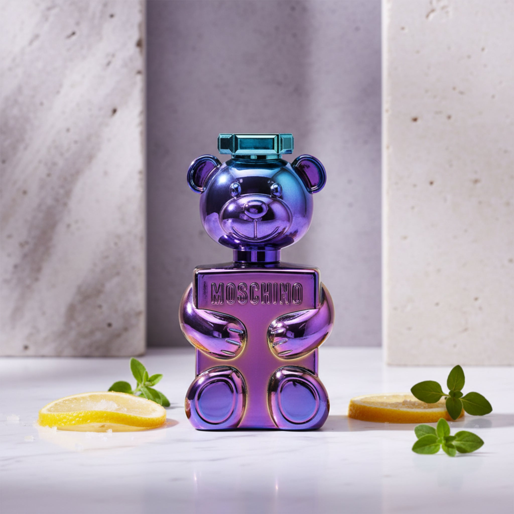 Colorful Moschino perfume bottle shaped like a bear on a white background