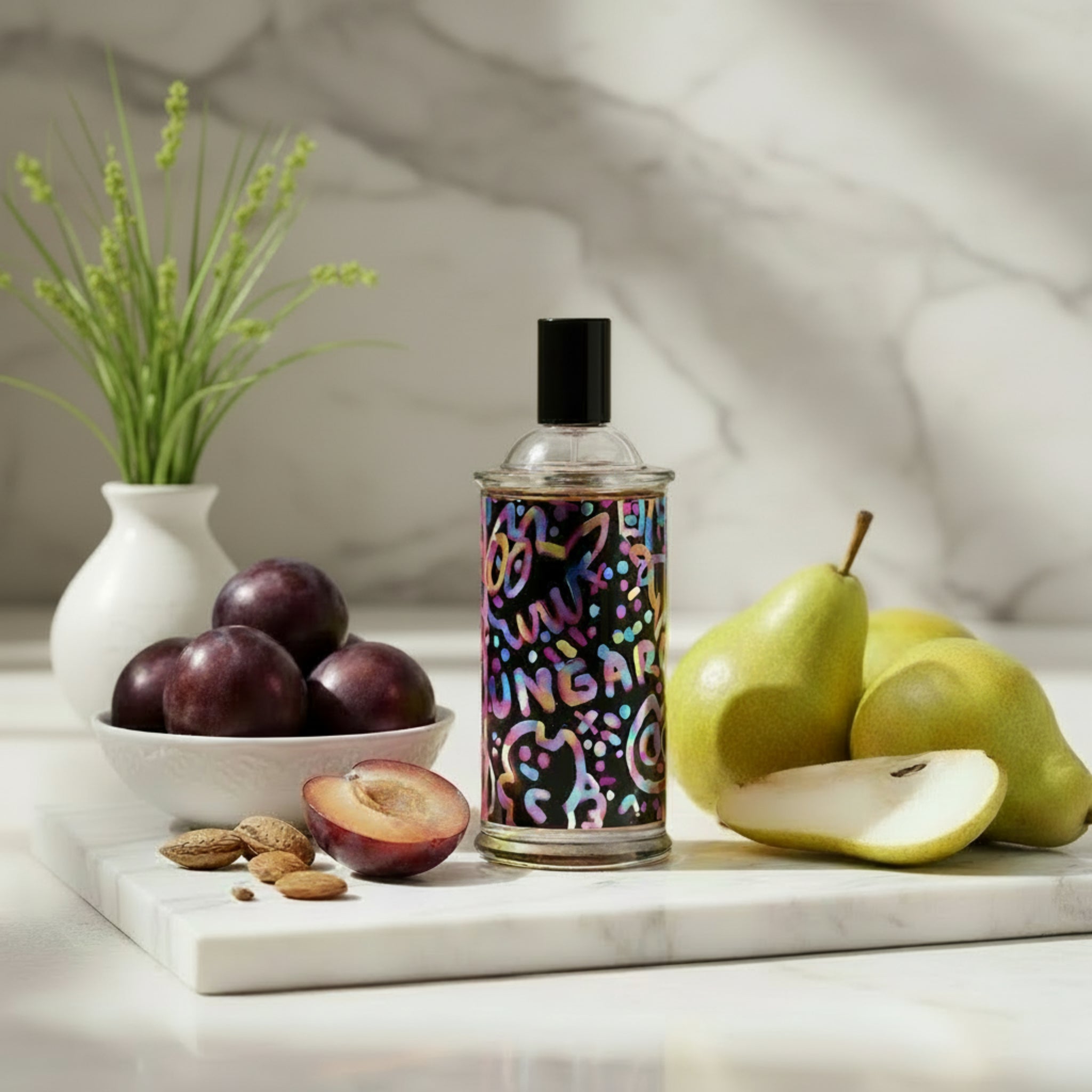 Decorative bottle with colorful abstract design on a white background