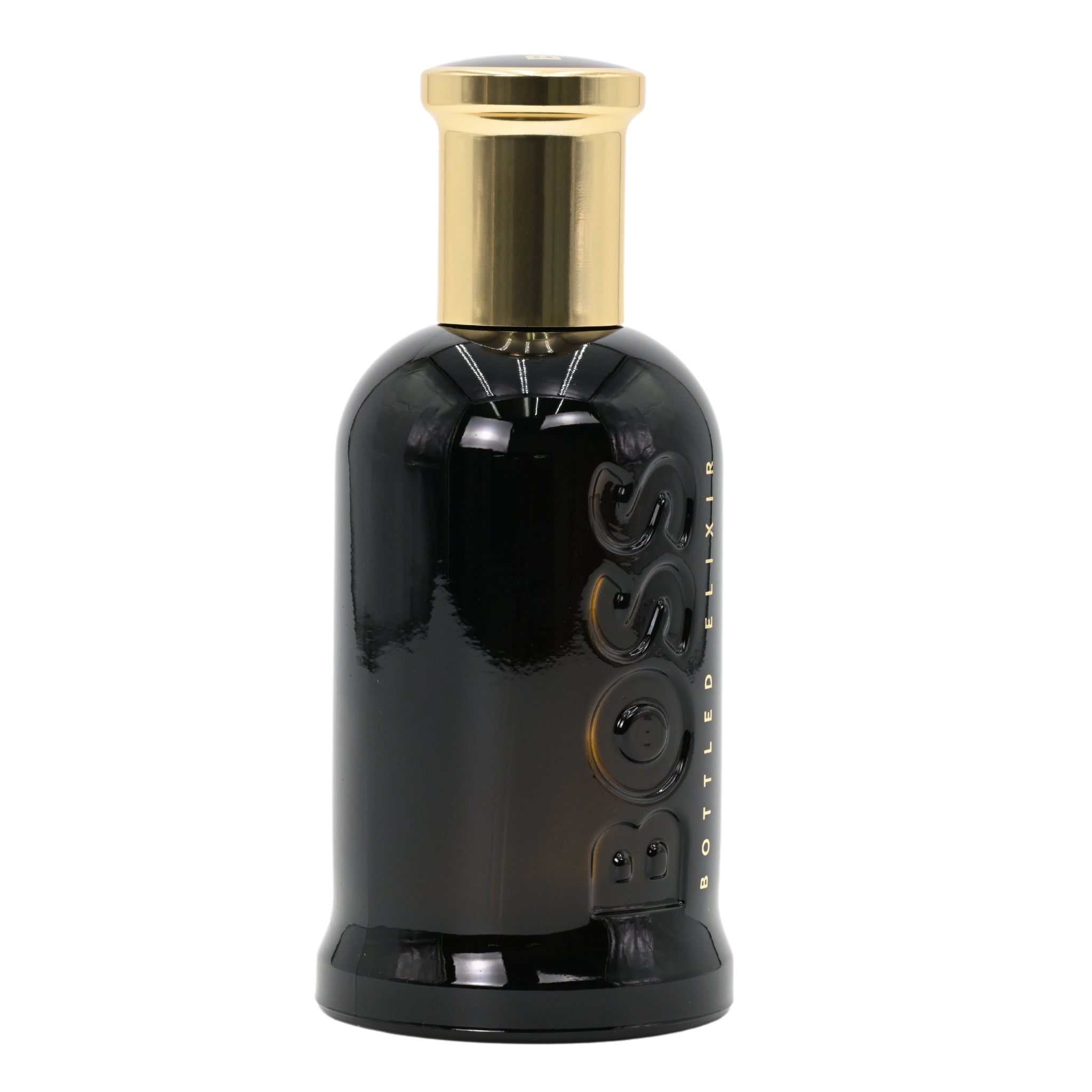 Black perfume bottle with gold cap on a white background
