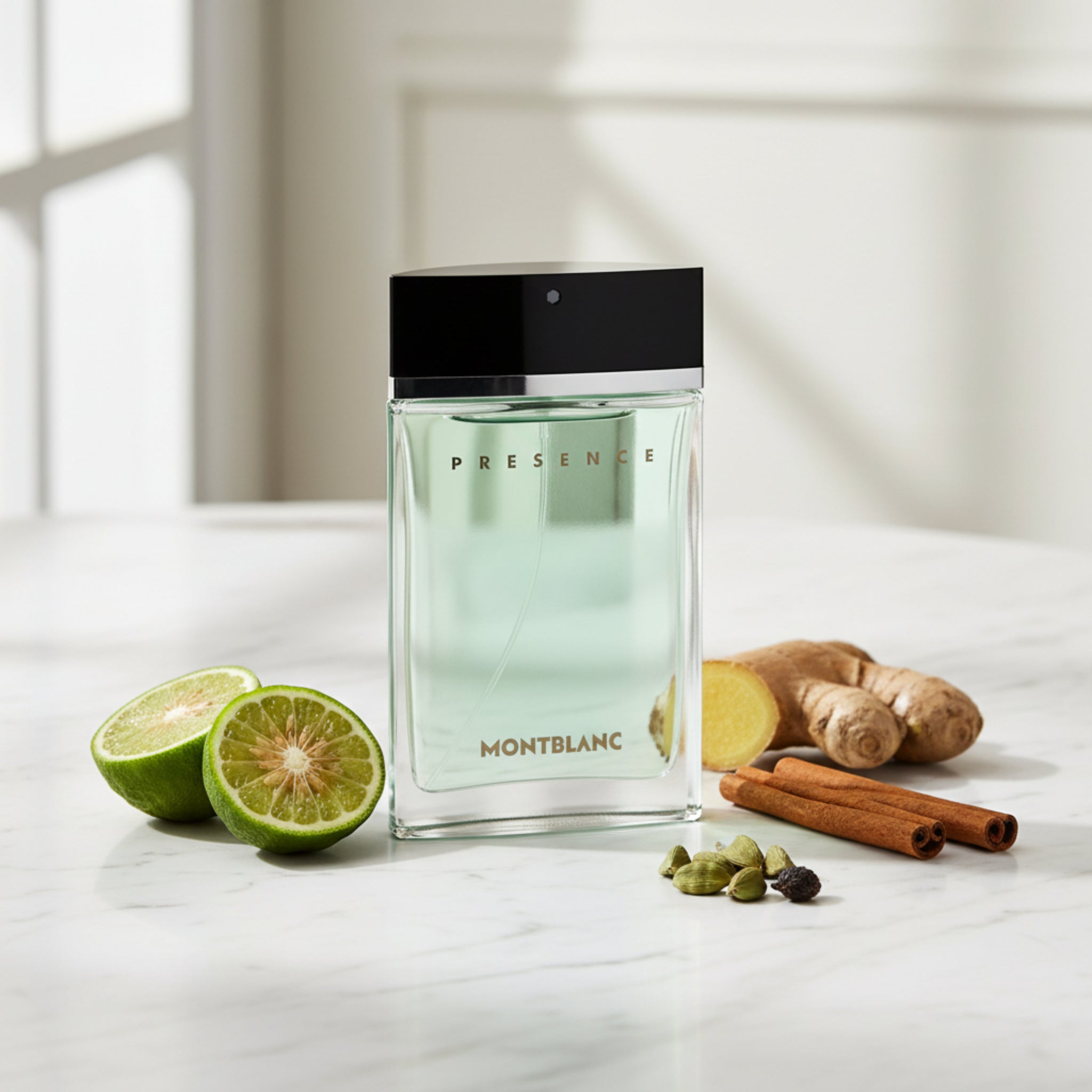 Montblanc Presence perfume bottle on a white background