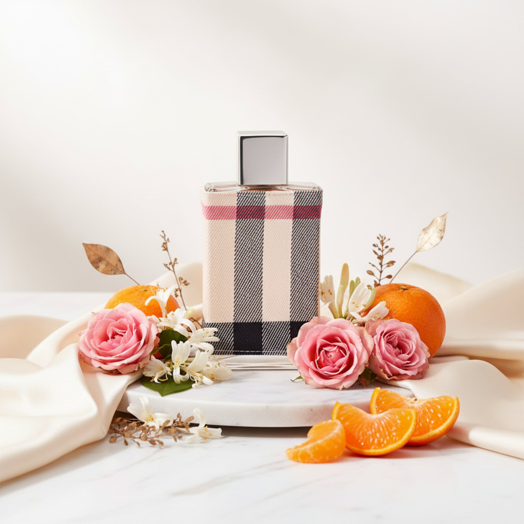 Perfume bottle with checkered design on a white background