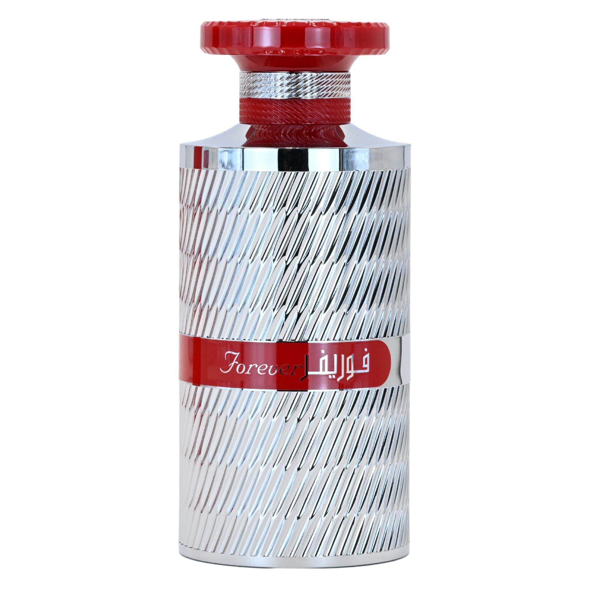 Decorative bottle with red and silver design on a white background