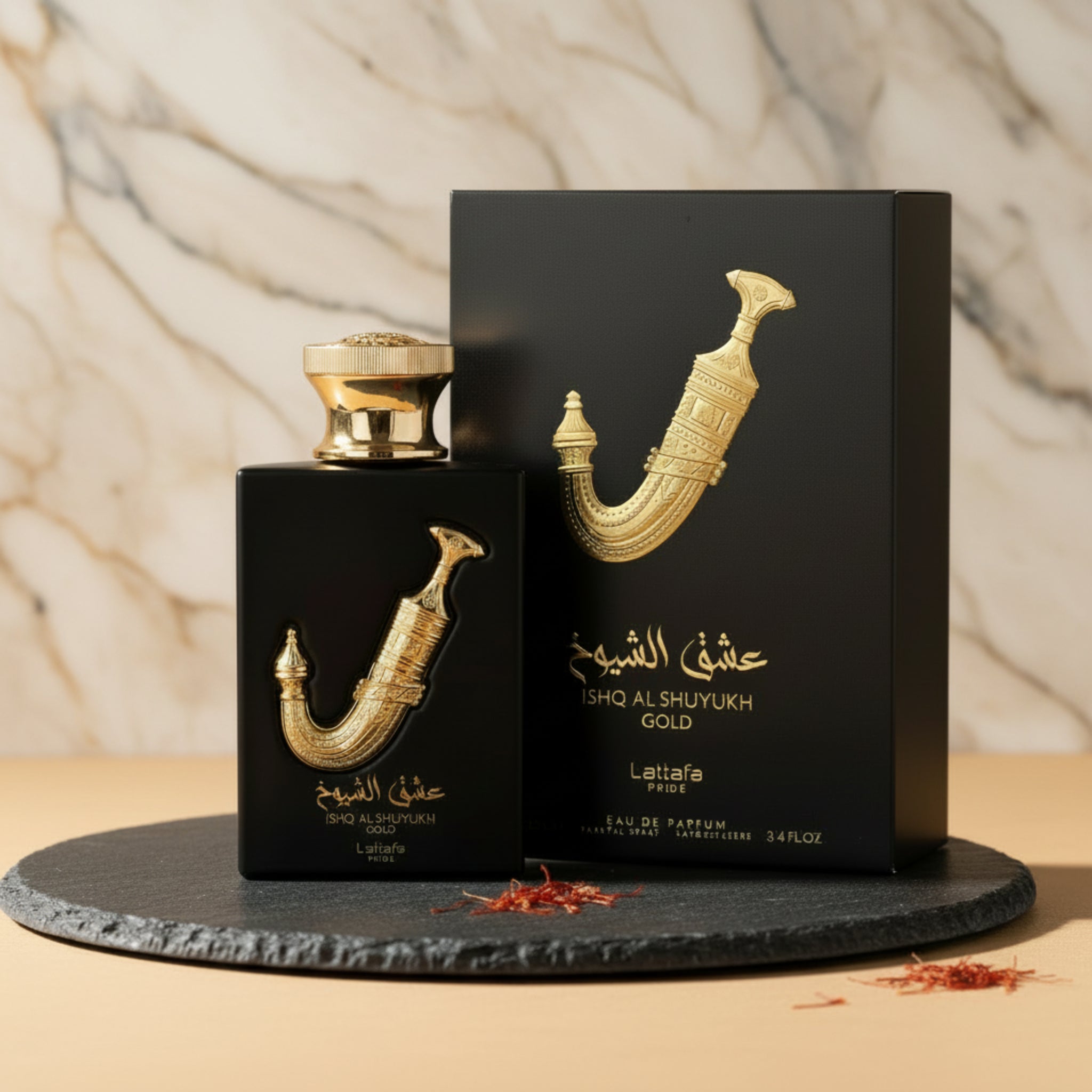 Black and gold perfume bottle and packaging of Ishq Al Shuyukh Gold by Lattafa on a white background