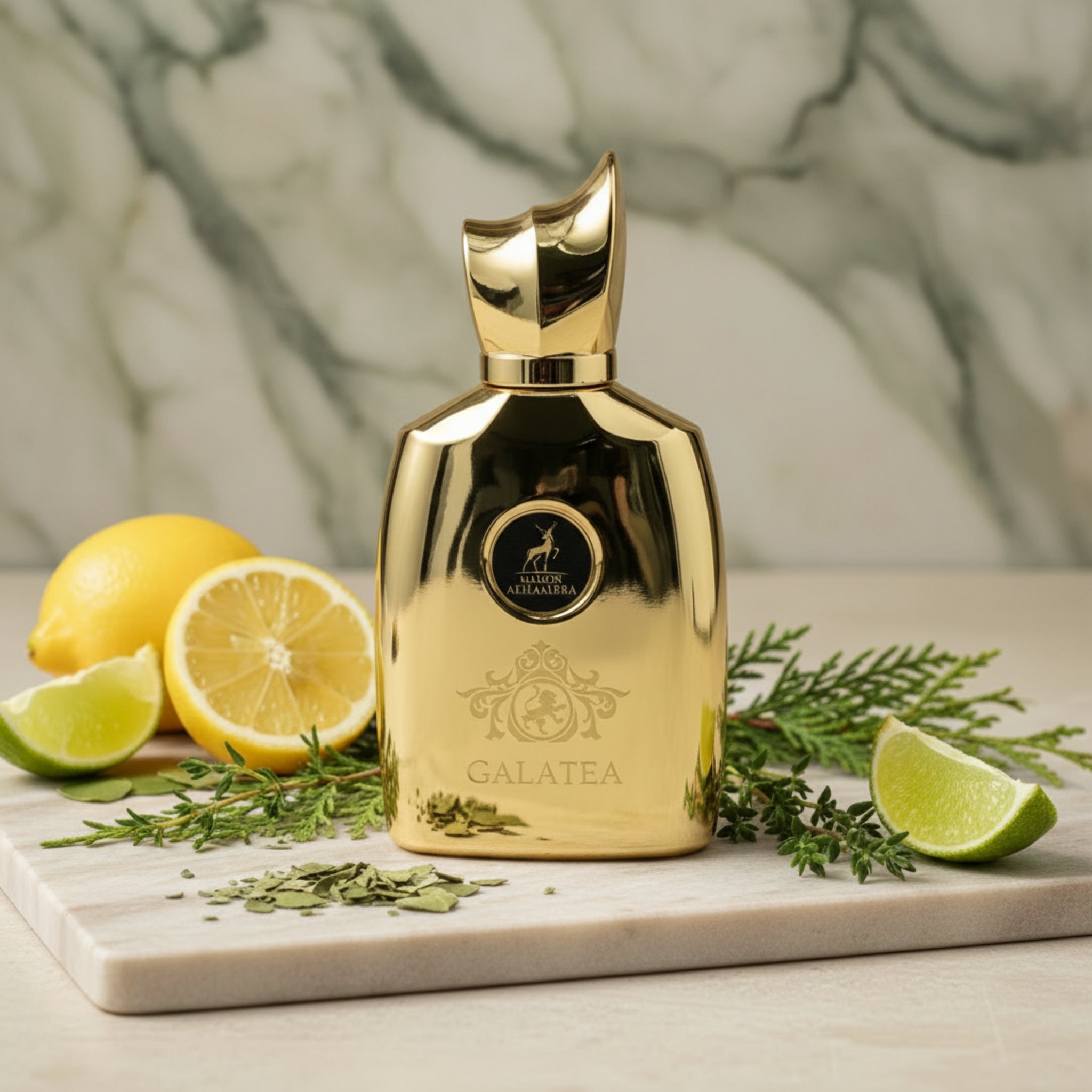 Gold perfume bottle with a brand logo on a white background