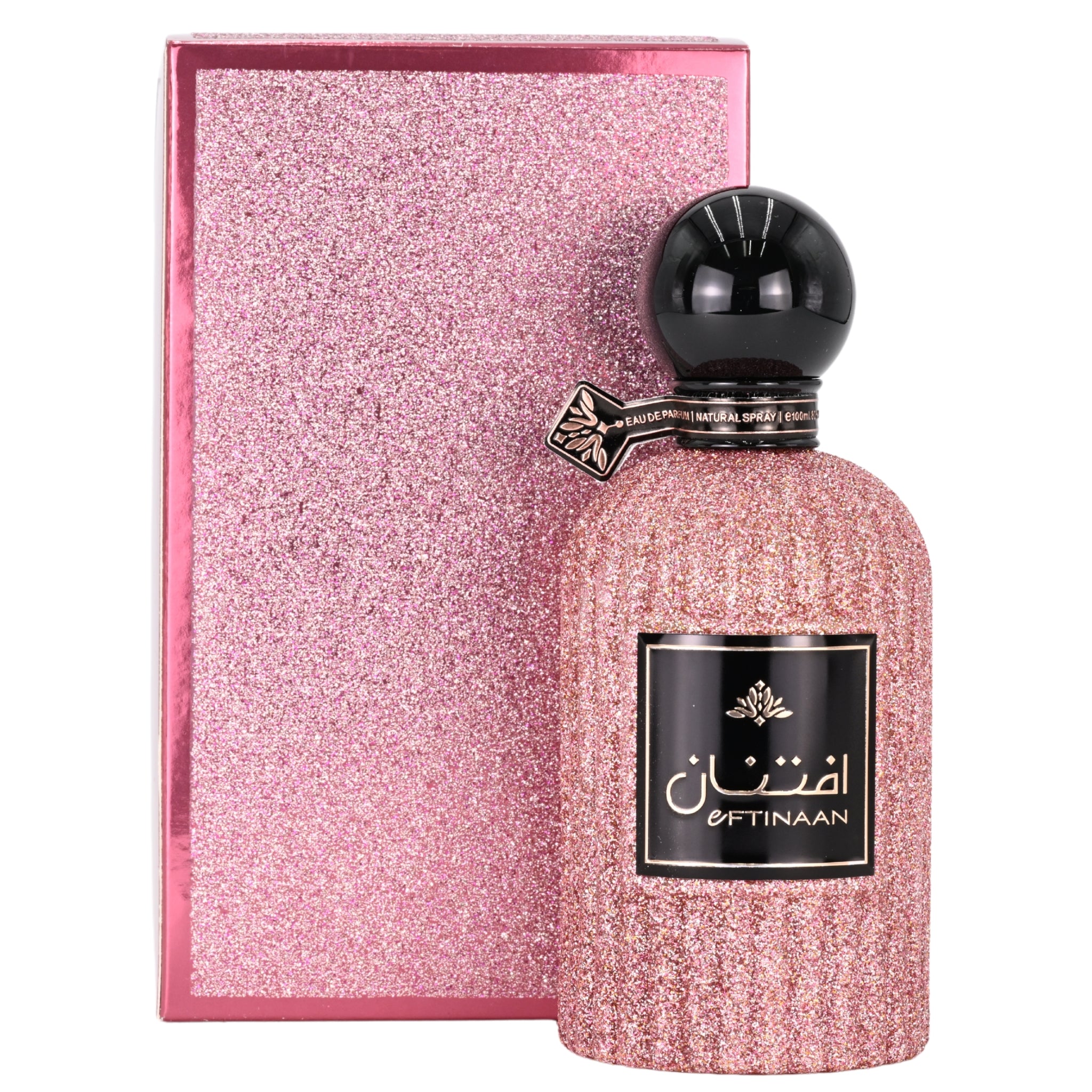 Pink glittery perfume bottle with black cap and 'Eftinaan' label on a white background