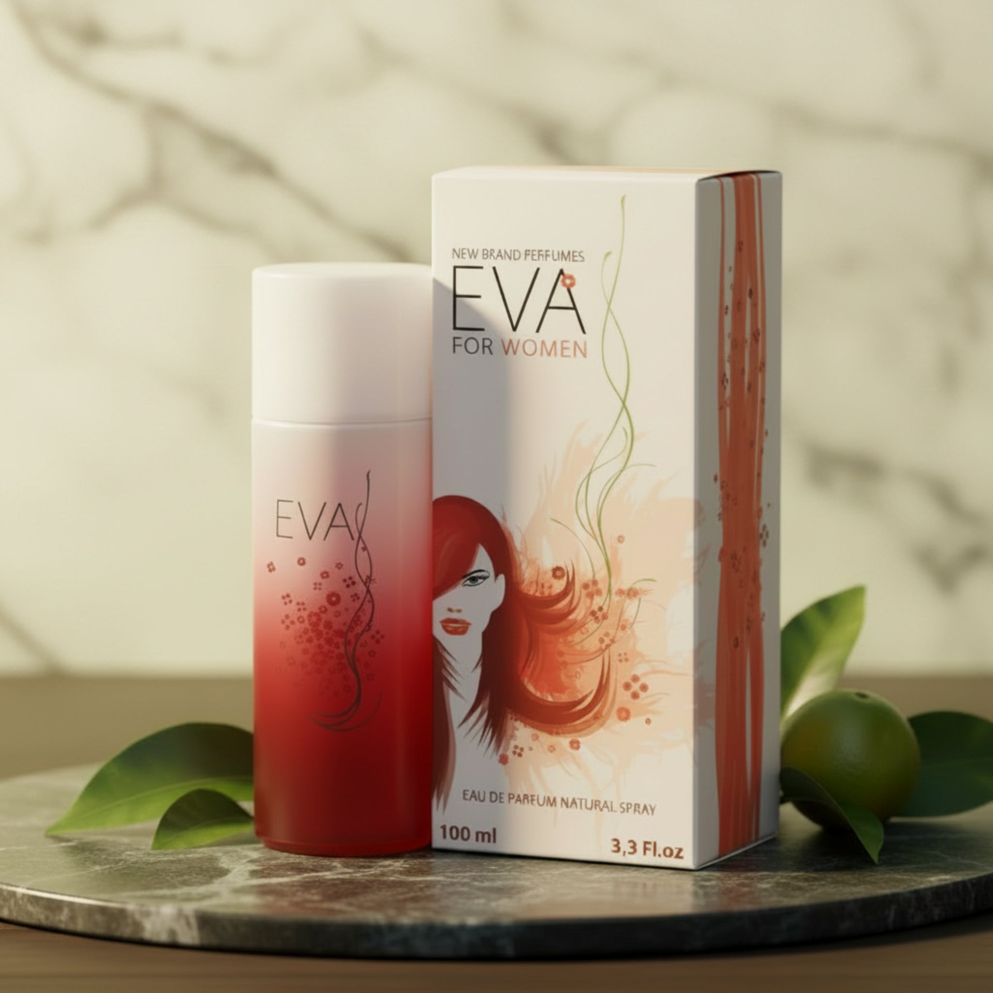 EVA perfume bottle and packaging on a white background