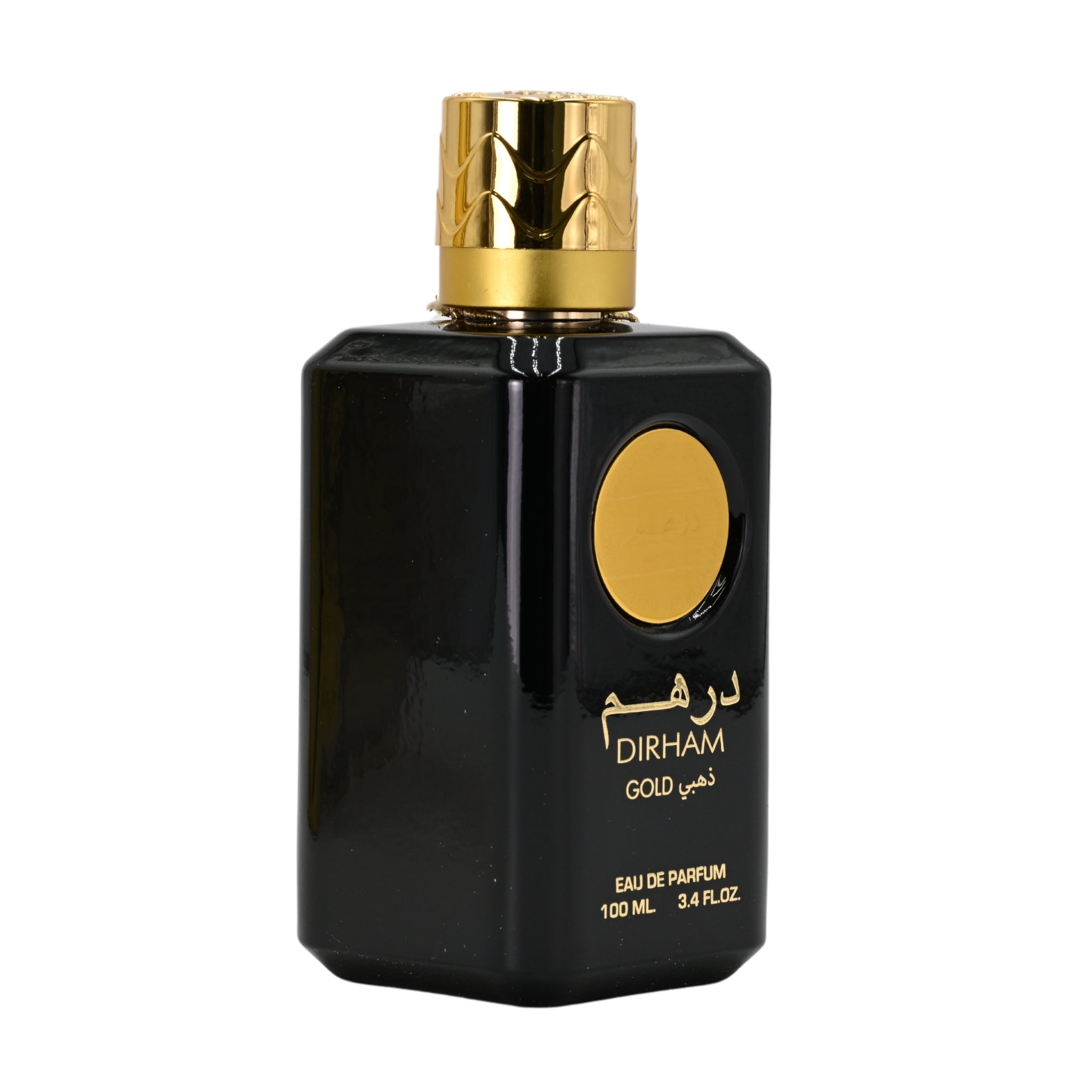Black perfume bottle with gold cap and label on a white background