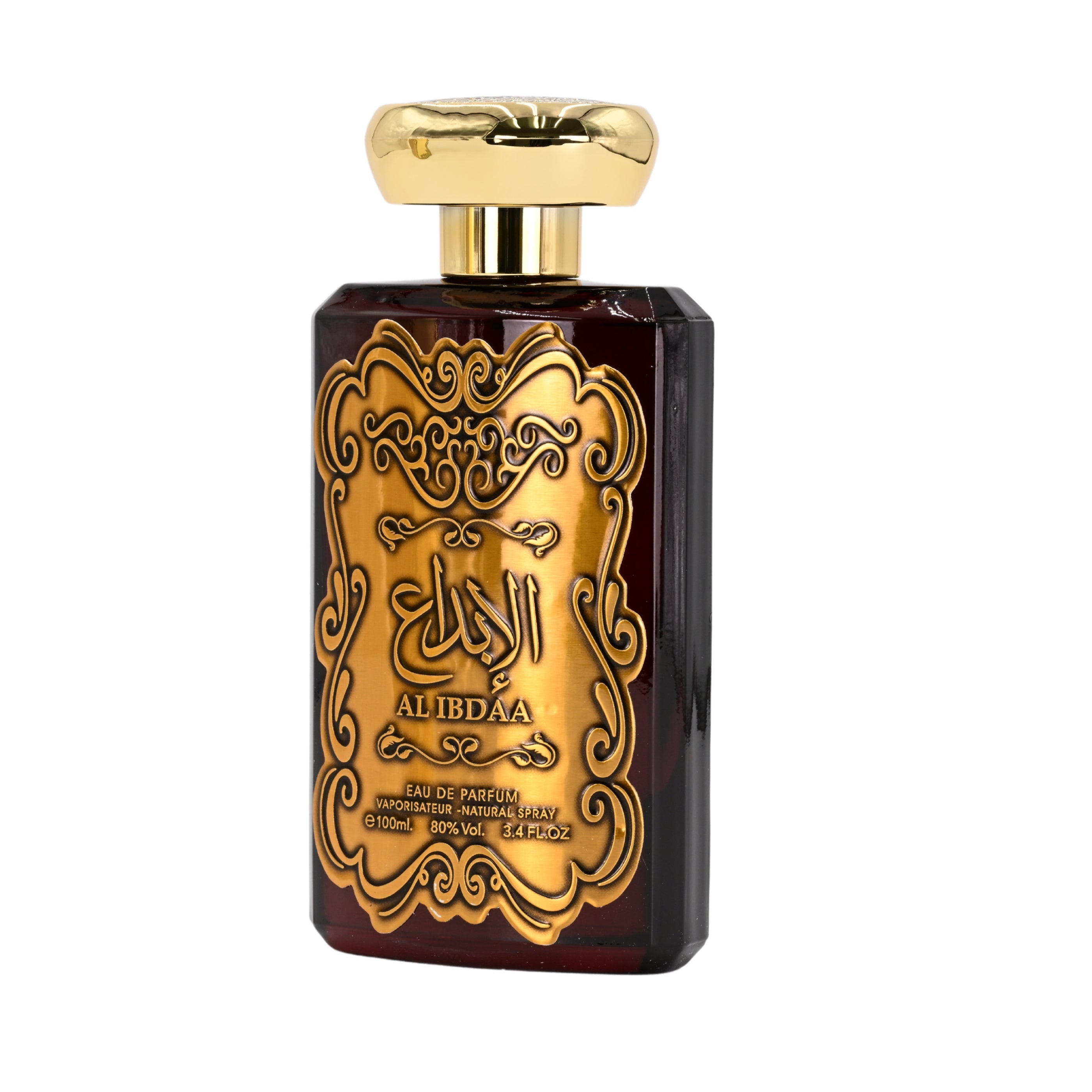 Perfume bottle with gold cap and intricate design on a white background