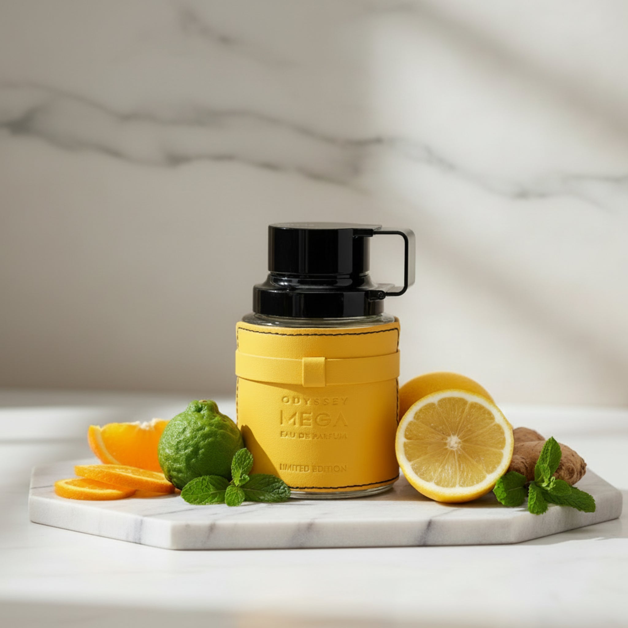 Perfume bottle with yellow leather cover and black cap on a white background