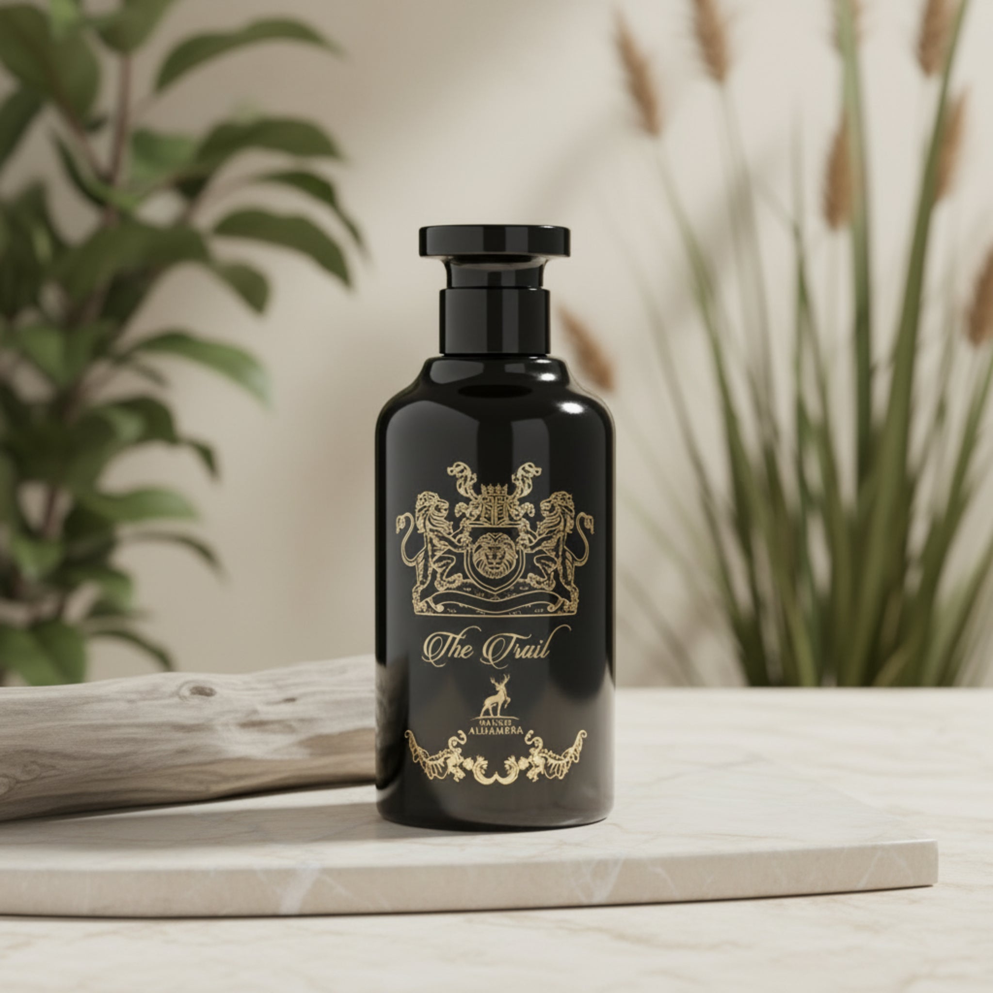 Black bottle with gold design and 'The Trail' branding on a white background