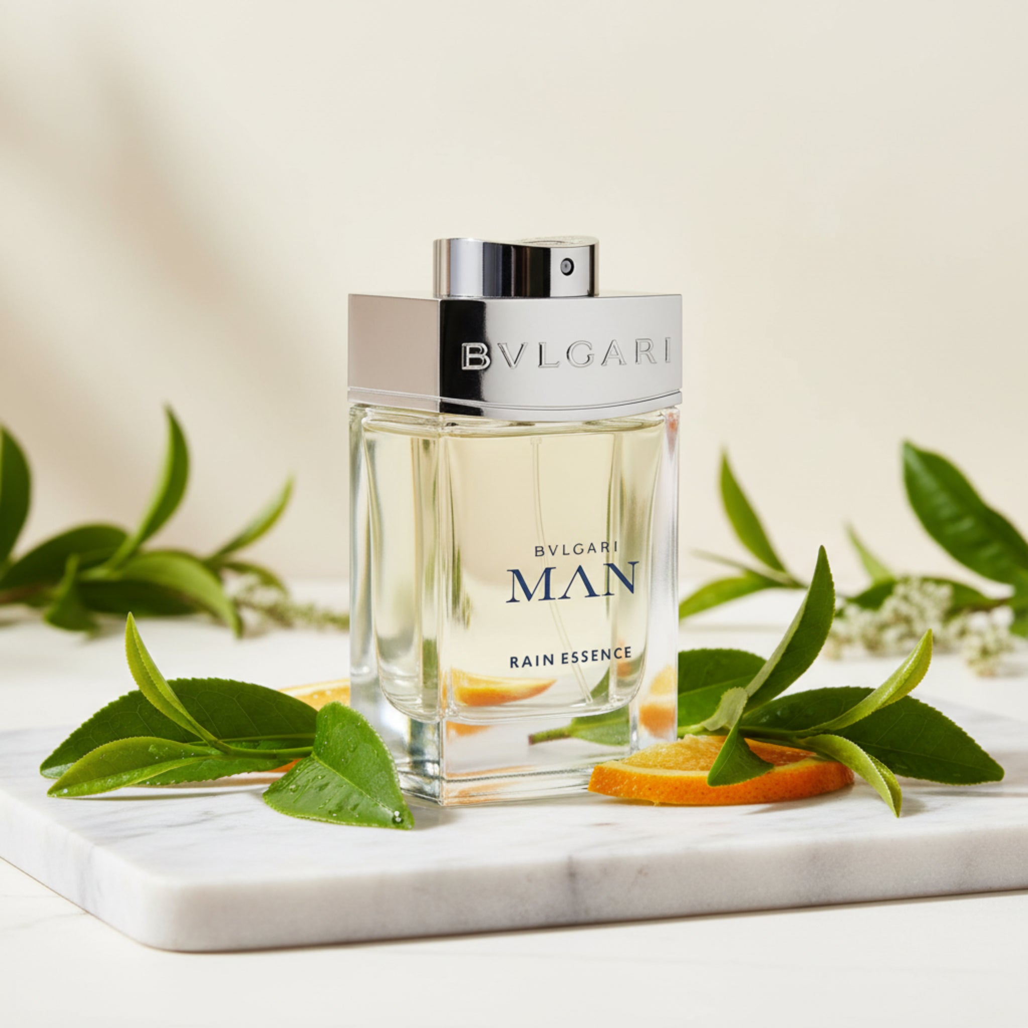 Bulgari Man Rain Essence perfume bottle on a white background