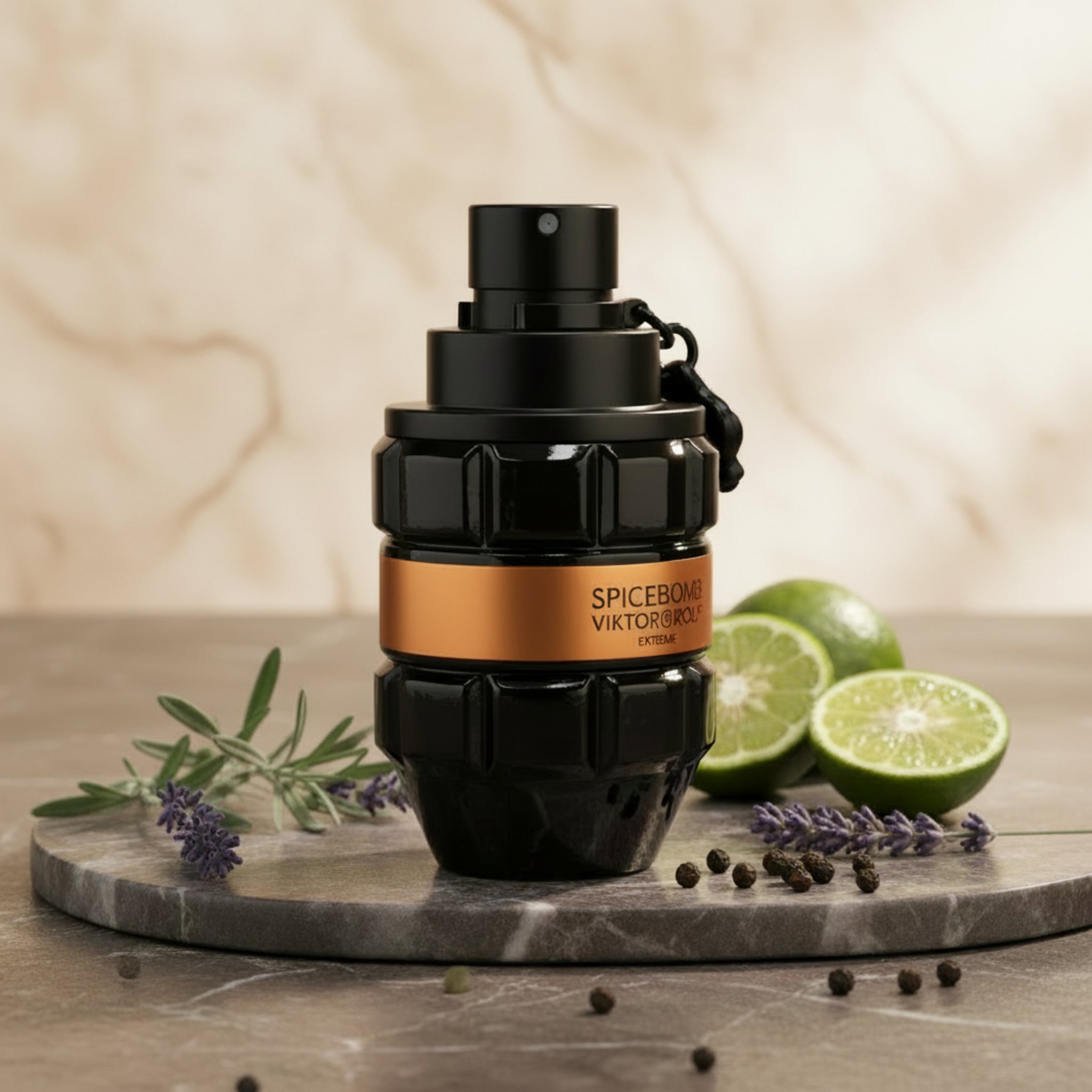 Black and gold perfume bottle with 'Spicebomb' label on a white background