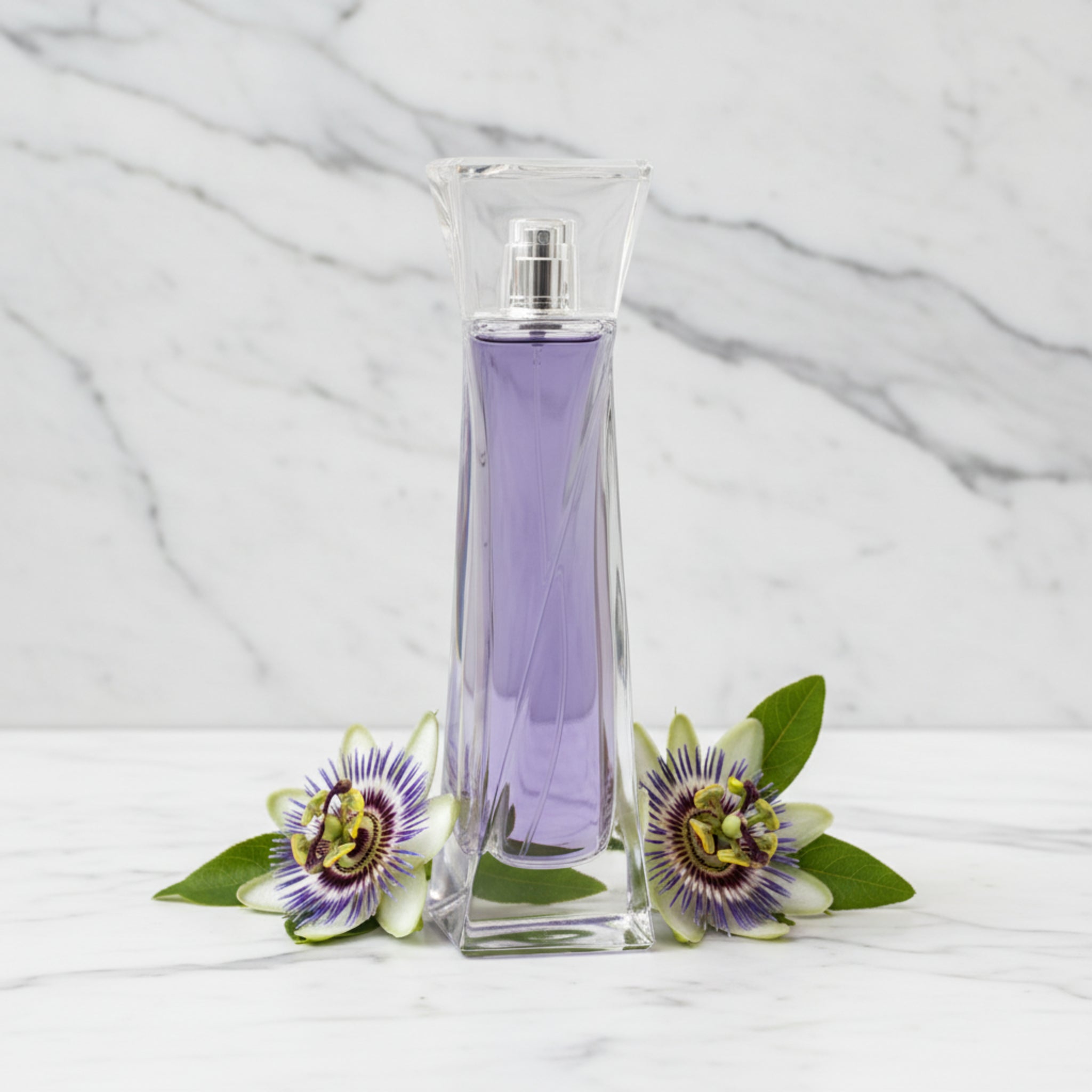 Perfume bottle with a clear design and purple liquid on a white background