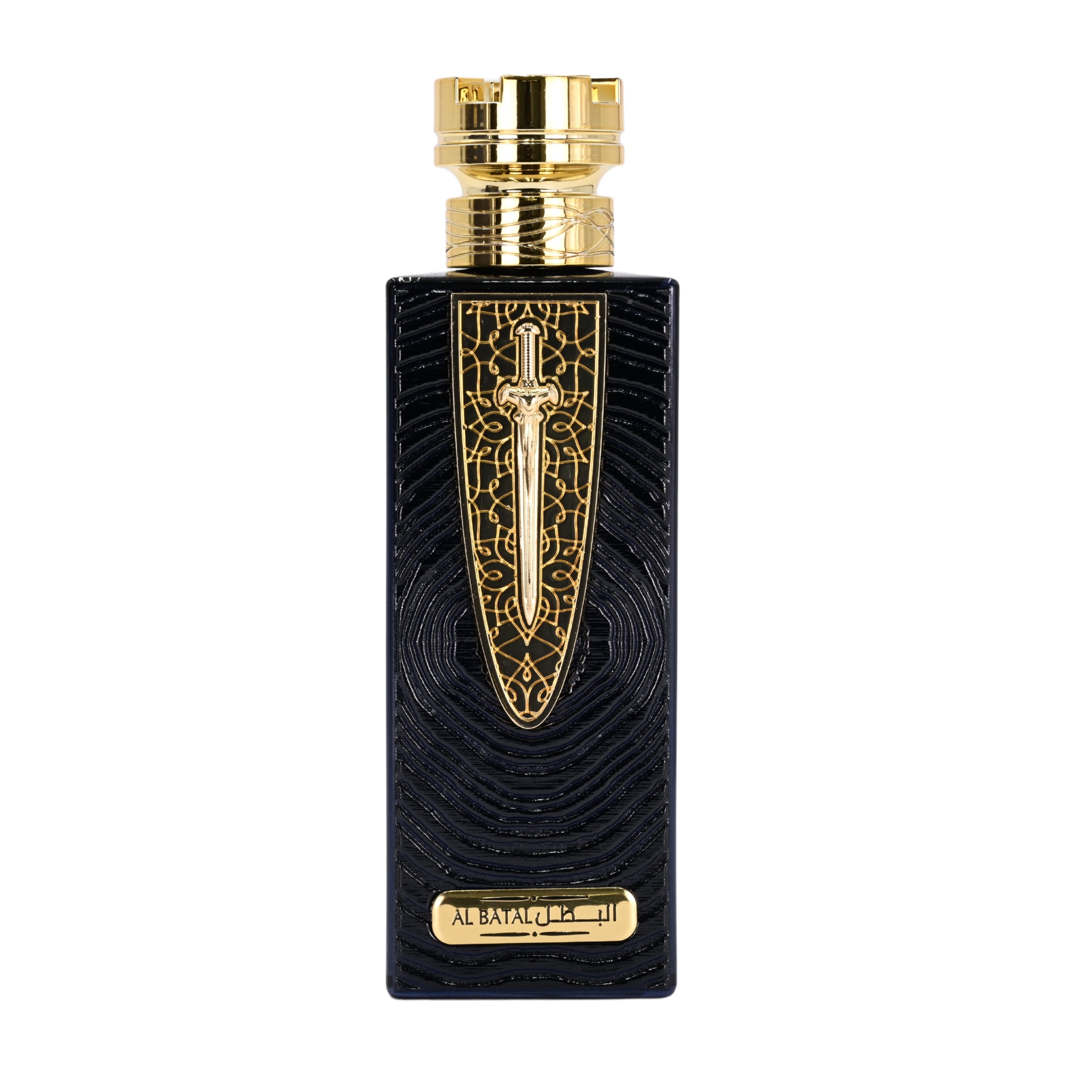 Perfume bottle with gold and black design on a white background
