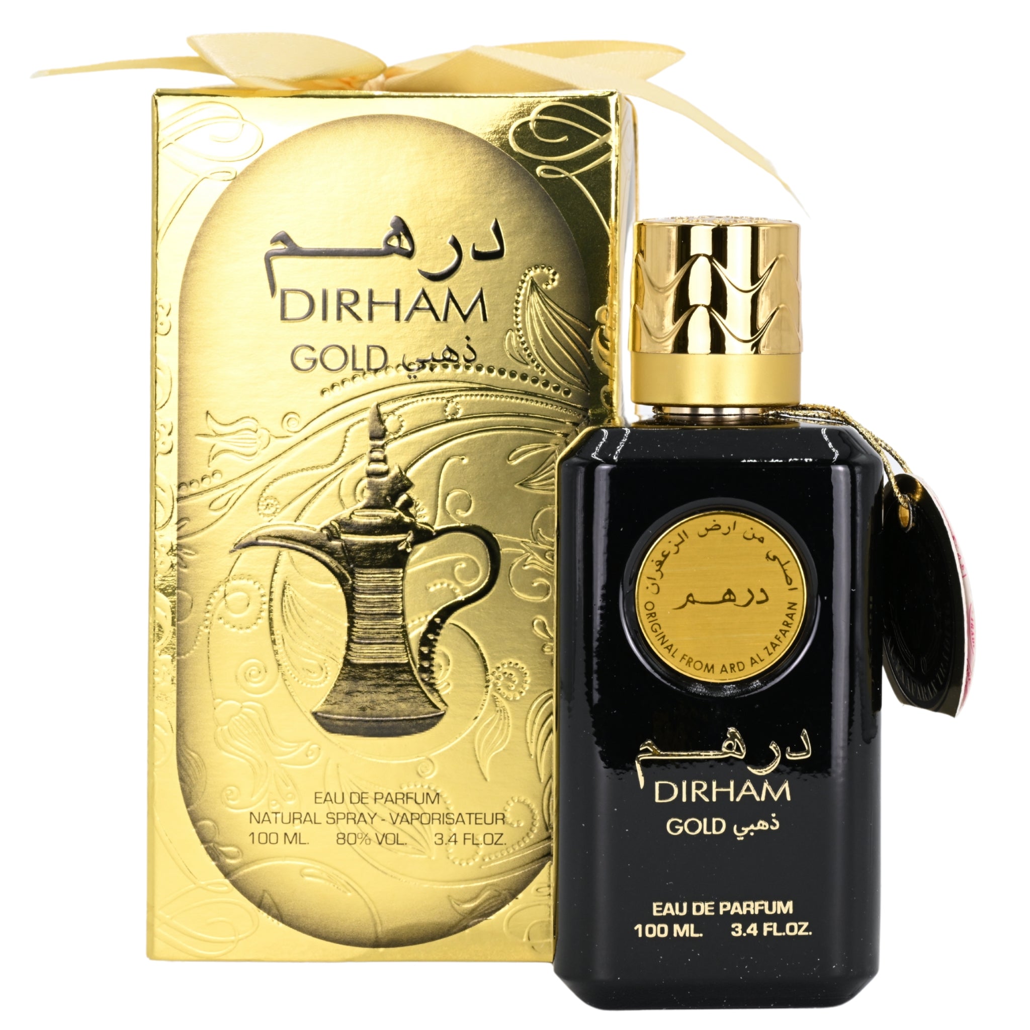 Dirham Gold Eau de Parfum bottle and packaging on a white background