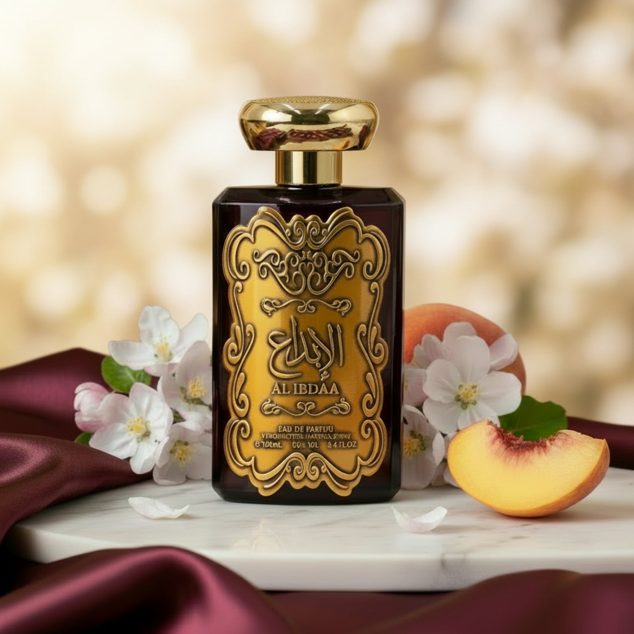 Perfume bottle with gold and brown design on a white background