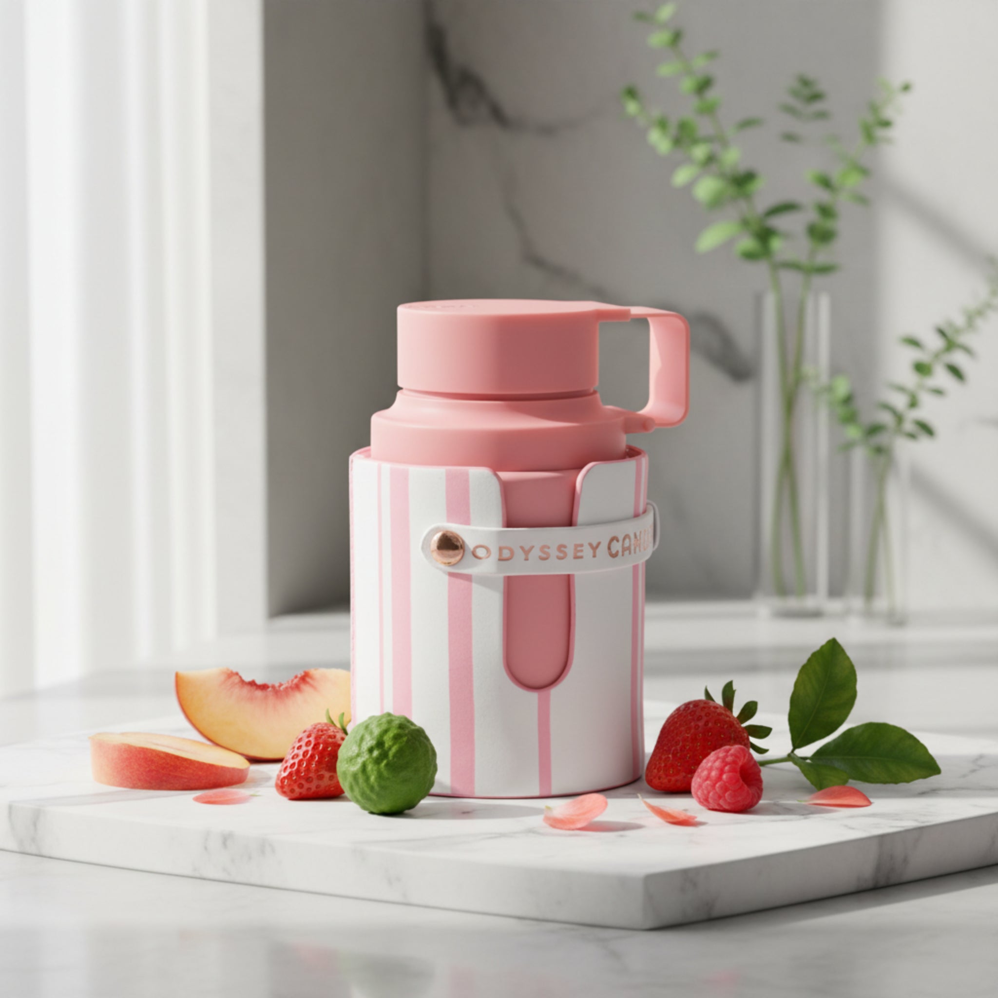 Pink water bottle with striped case on a white background