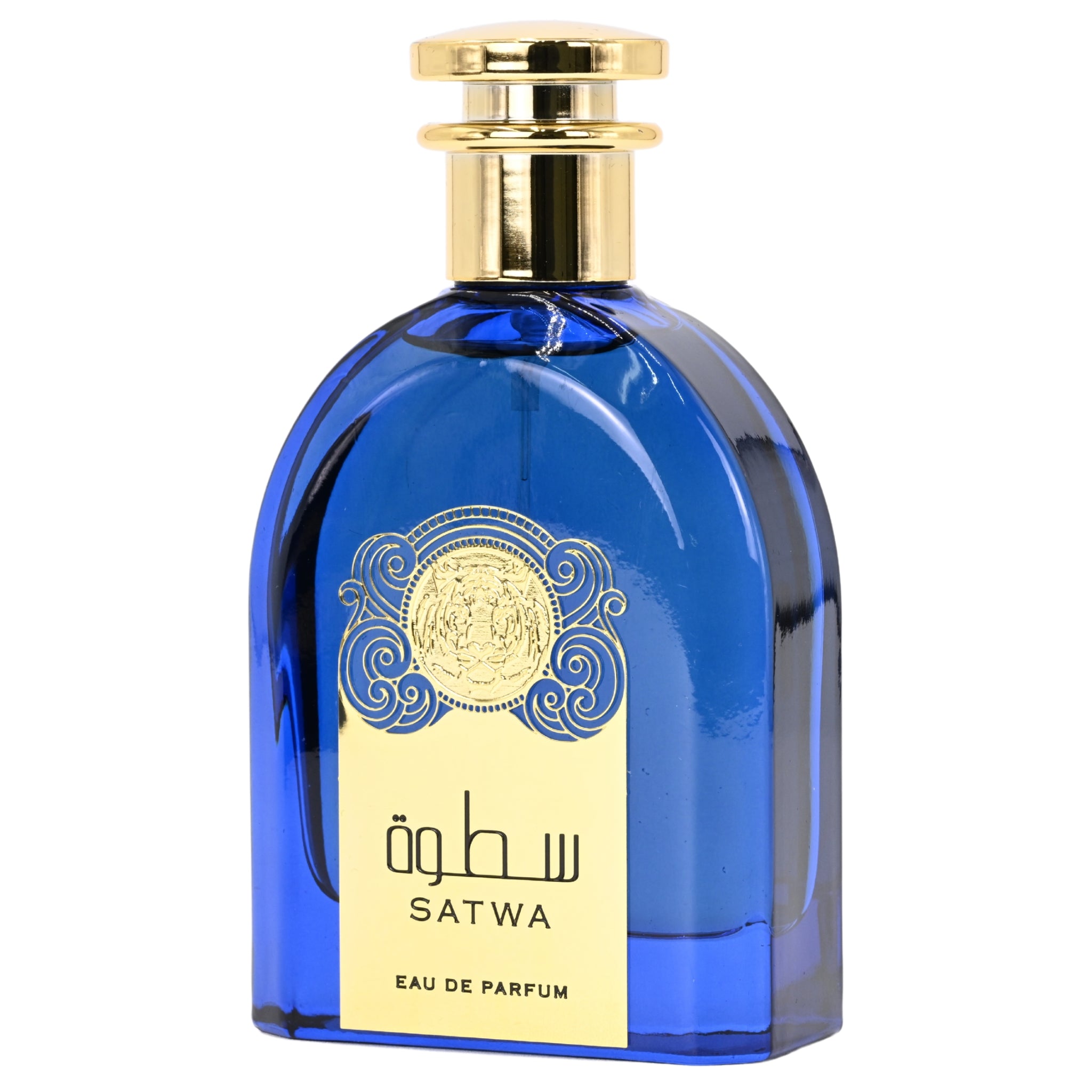Blue Satwa Eau de Parfum bottle with gold cap on a white background