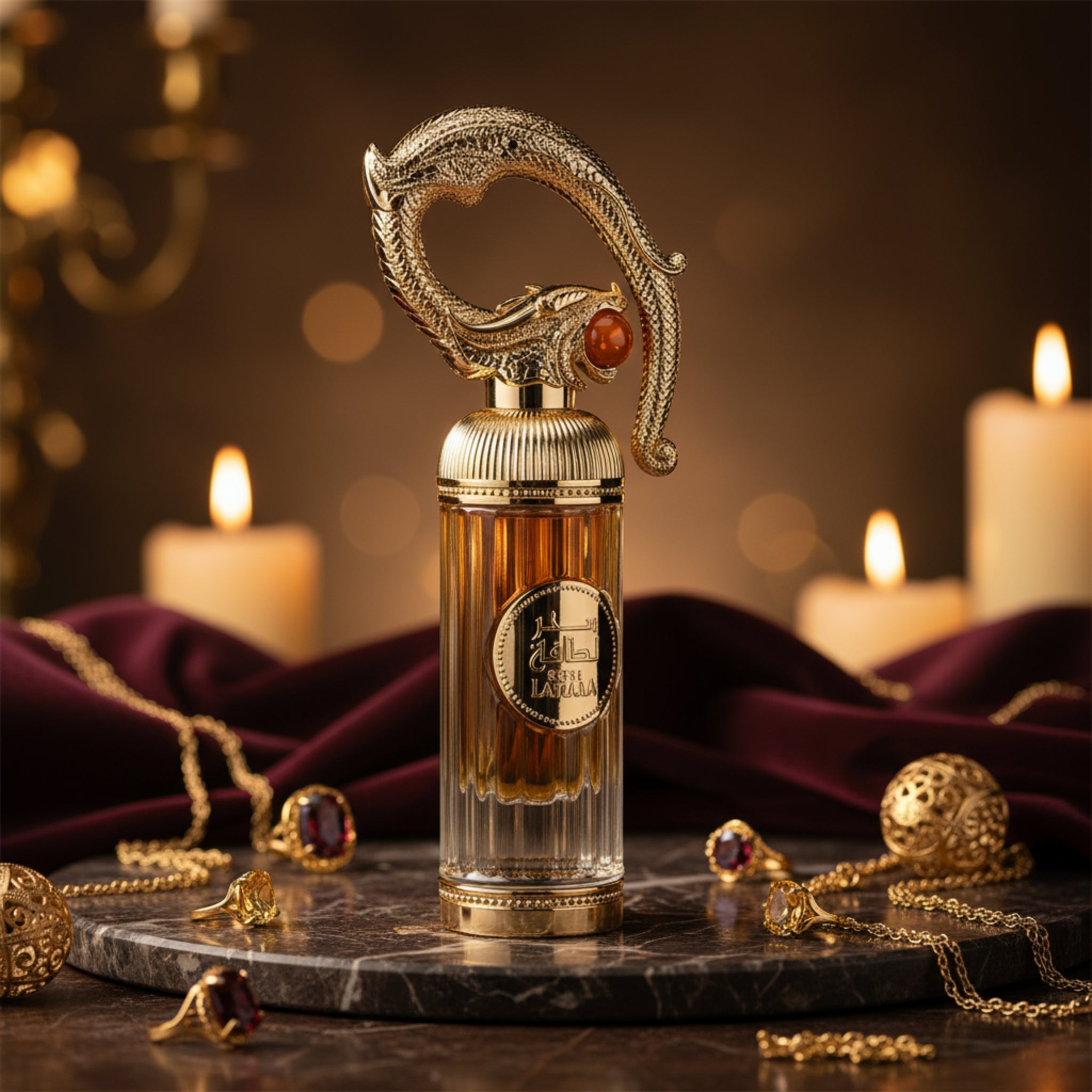 Decorative perfume bottle with gold accents and a white background