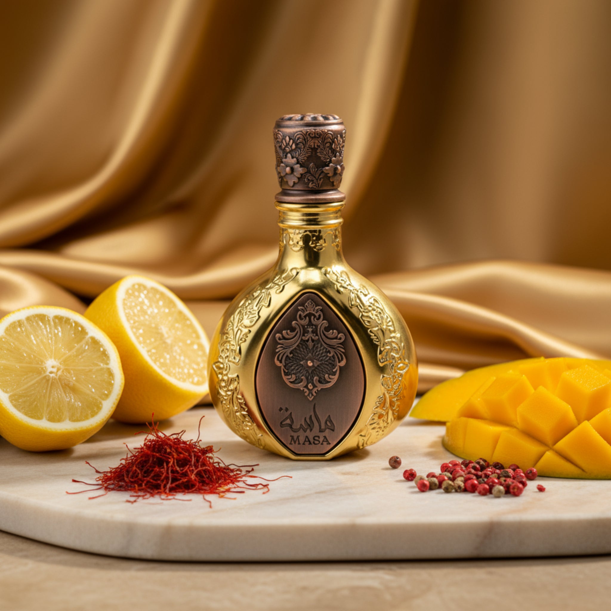 Decorative bottle with gold and bronze design on a white background